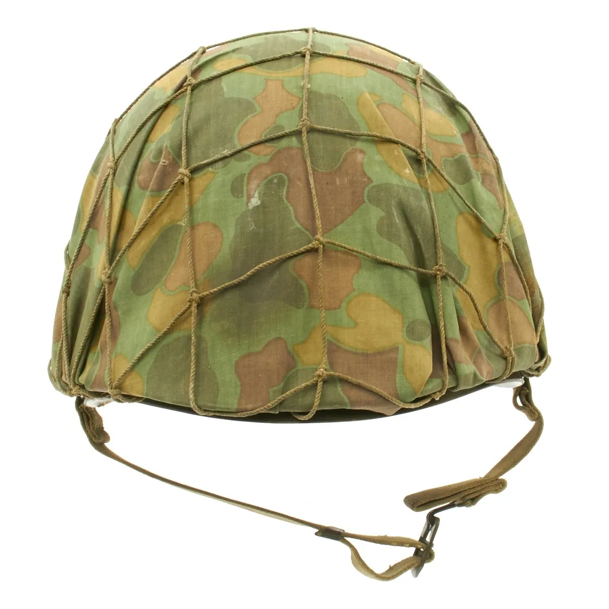 Original WWII USMC 1942 M1 McCord Fixed Bale Helmet with MSA Liner, Helmet Net and Custom Camo Cover