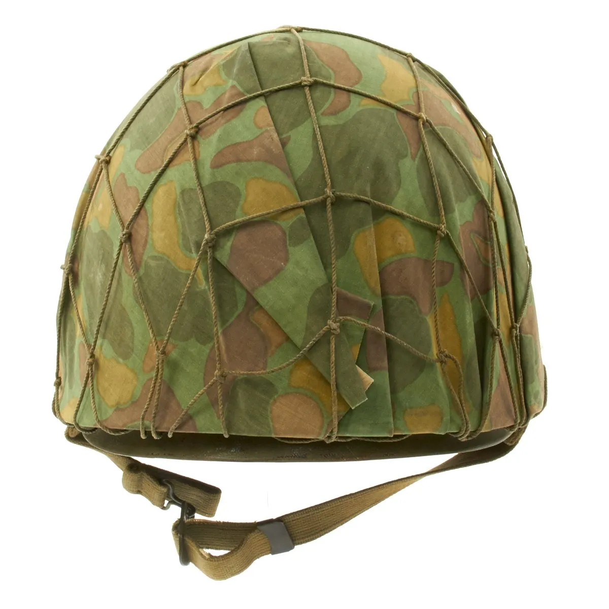 Original WWII USMC 1942 M1 McCord Fixed Bale Helmet with MSA Liner, Helmet Net and Custom Camo Cover