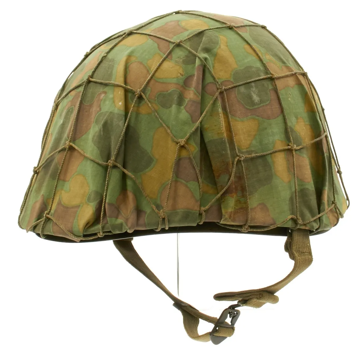 Original WWII USMC 1942 M1 McCord Fixed Bale Helmet with MSA Liner, Helmet Net and Custom Camo Cover