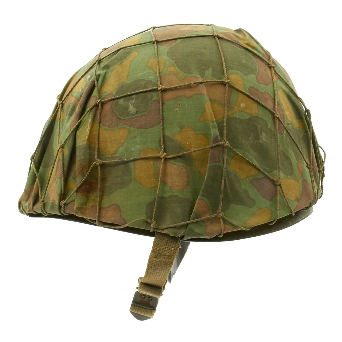 Original WWII USMC 1942 M1 McCord Fixed Bale Helmet with MSA Liner, Helmet Net and Custom Camo Cover