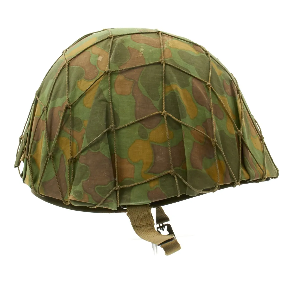 Original WWII USMC 1942 M1 McCord Fixed Bale Helmet with MSA Liner, Helmet Net and Custom Camo Cover