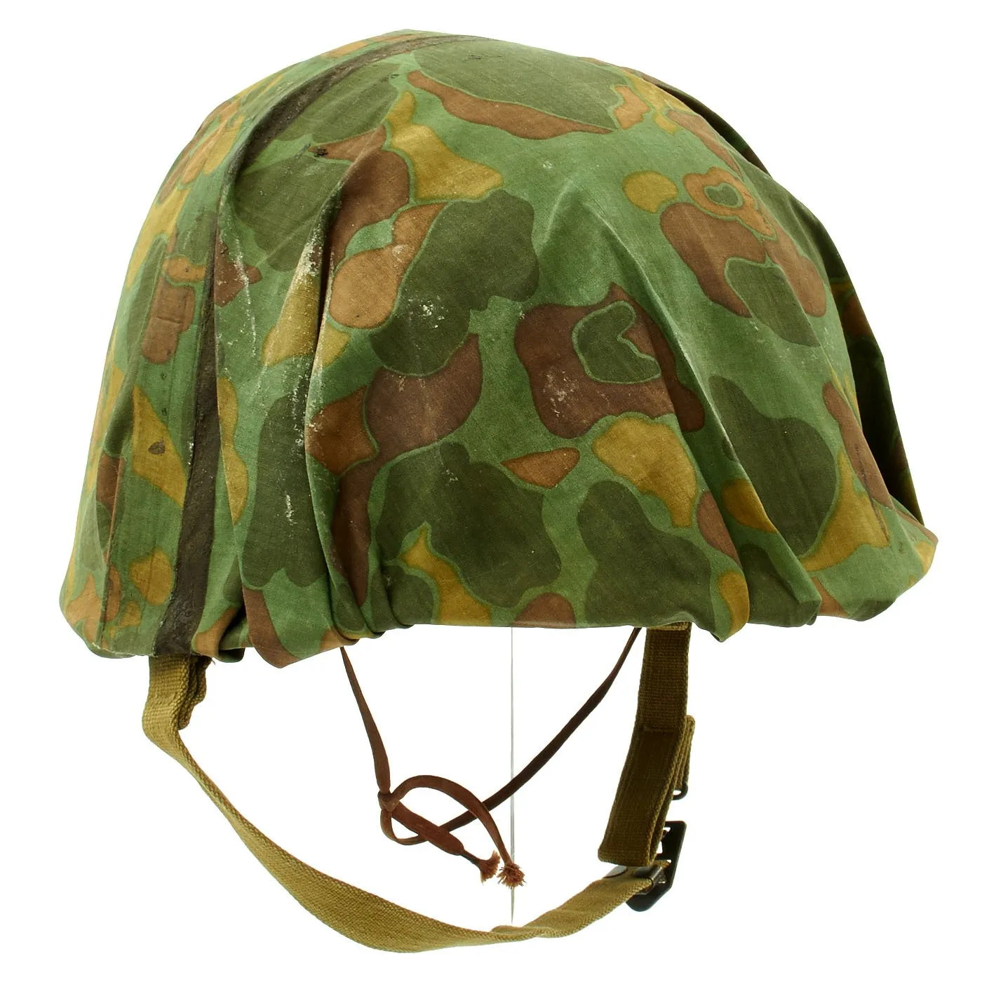 Original WWII USMC Named M1 Schlueter Fixed Bale Helmet with MSA Liner and Camo Poncho Cover