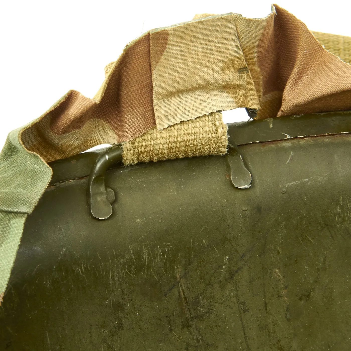 Original WWII USMC Named M1 Schlueter Fixed Bale Helmet with MSA Liner and Camo Poncho Cover