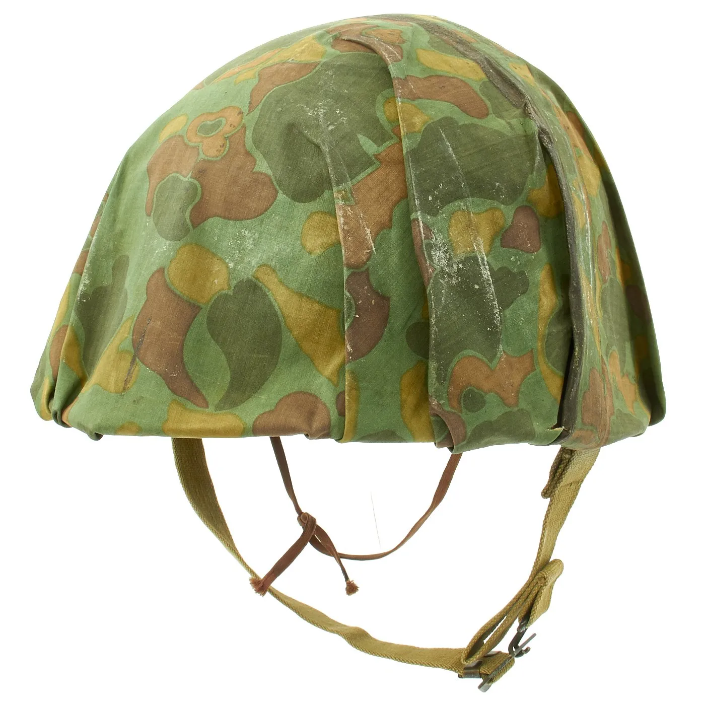 Original WWII USMC Named M1 Schlueter Fixed Bale Helmet with MSA Liner and Camo Poncho Cover