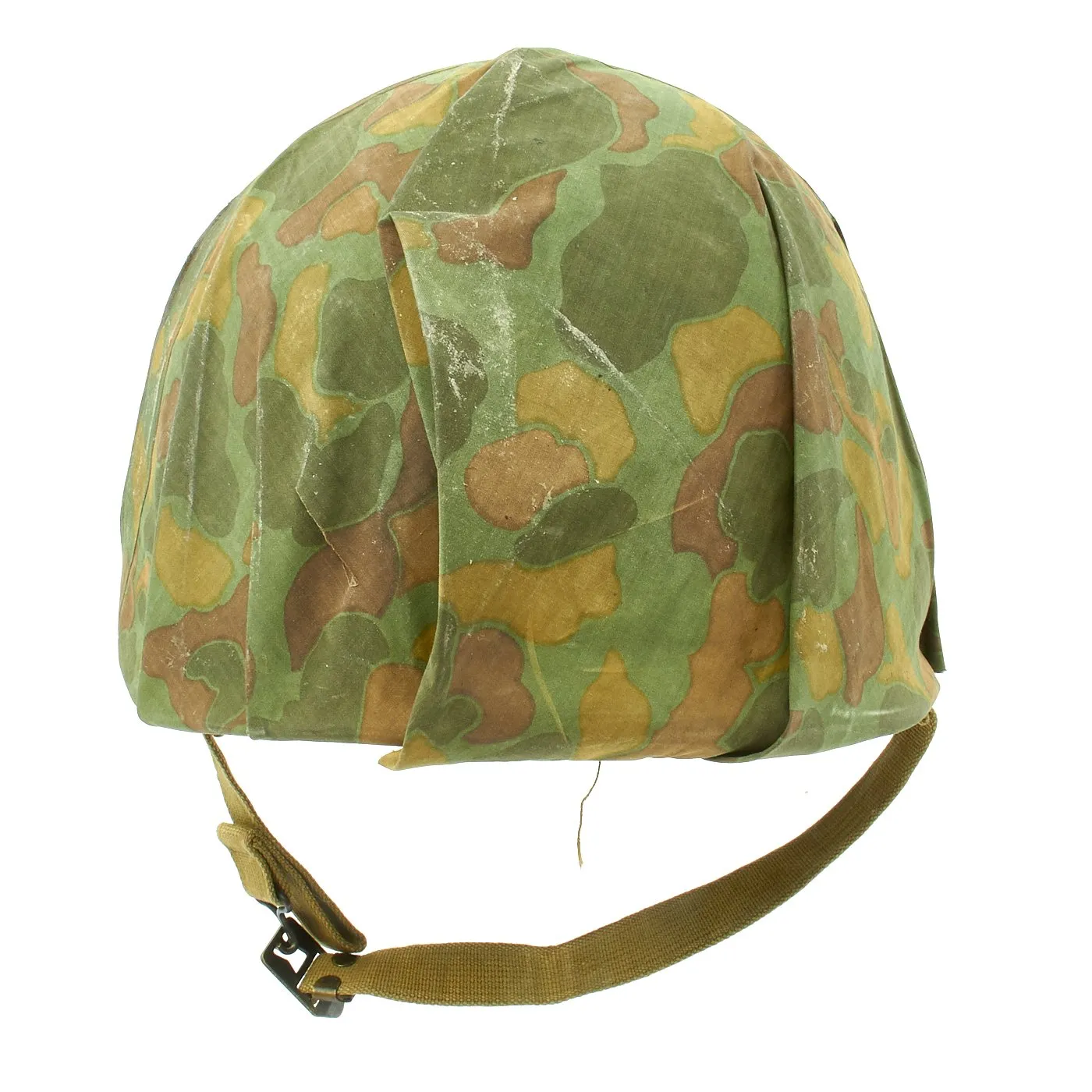 Original WWII USMC Named M1 Schlueter Fixed Bale Helmet with MSA Liner and Camo Poncho Cover