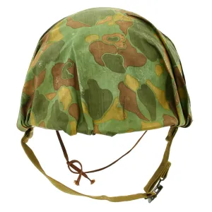 Original WWII USMC Named M1 Schlueter Fixed Bale Helmet with MSA Liner and Camo Poncho Cover