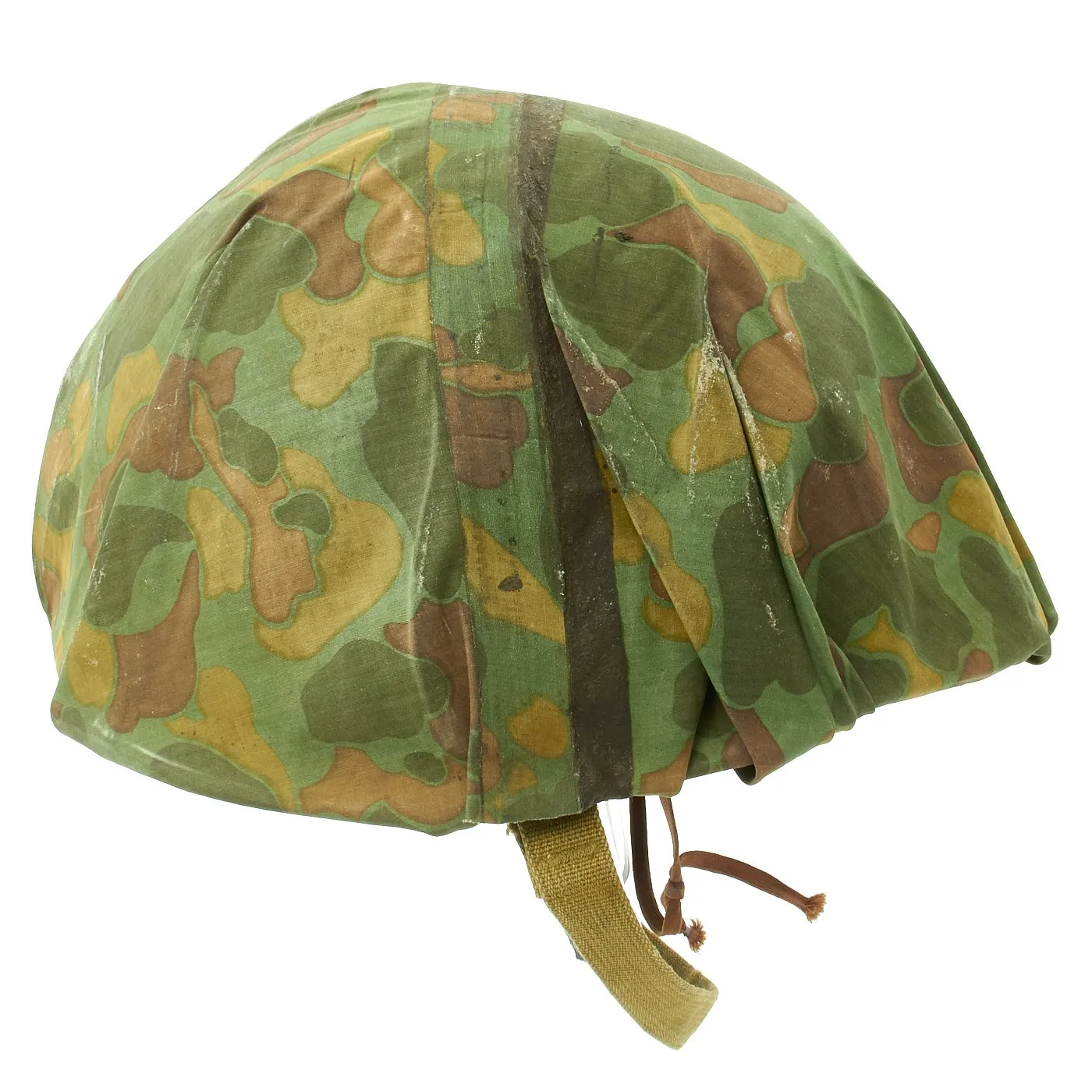 Original WWII USMC Named M1 Schlueter Fixed Bale Helmet with MSA Liner and Camo Poncho Cover