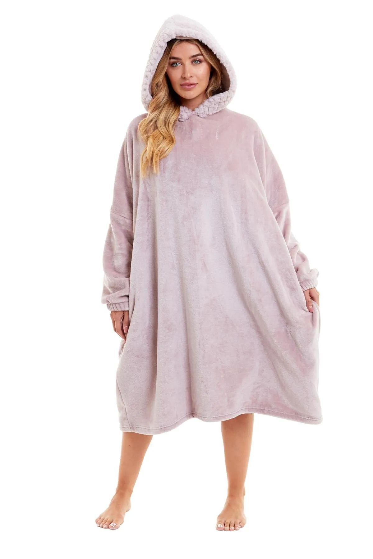 Oversized Women's Plush Hooded Poncho Blanket with Ultra-Soft Fur Hood and Double Pocket in Pink and Grey by Daisy Dreamer