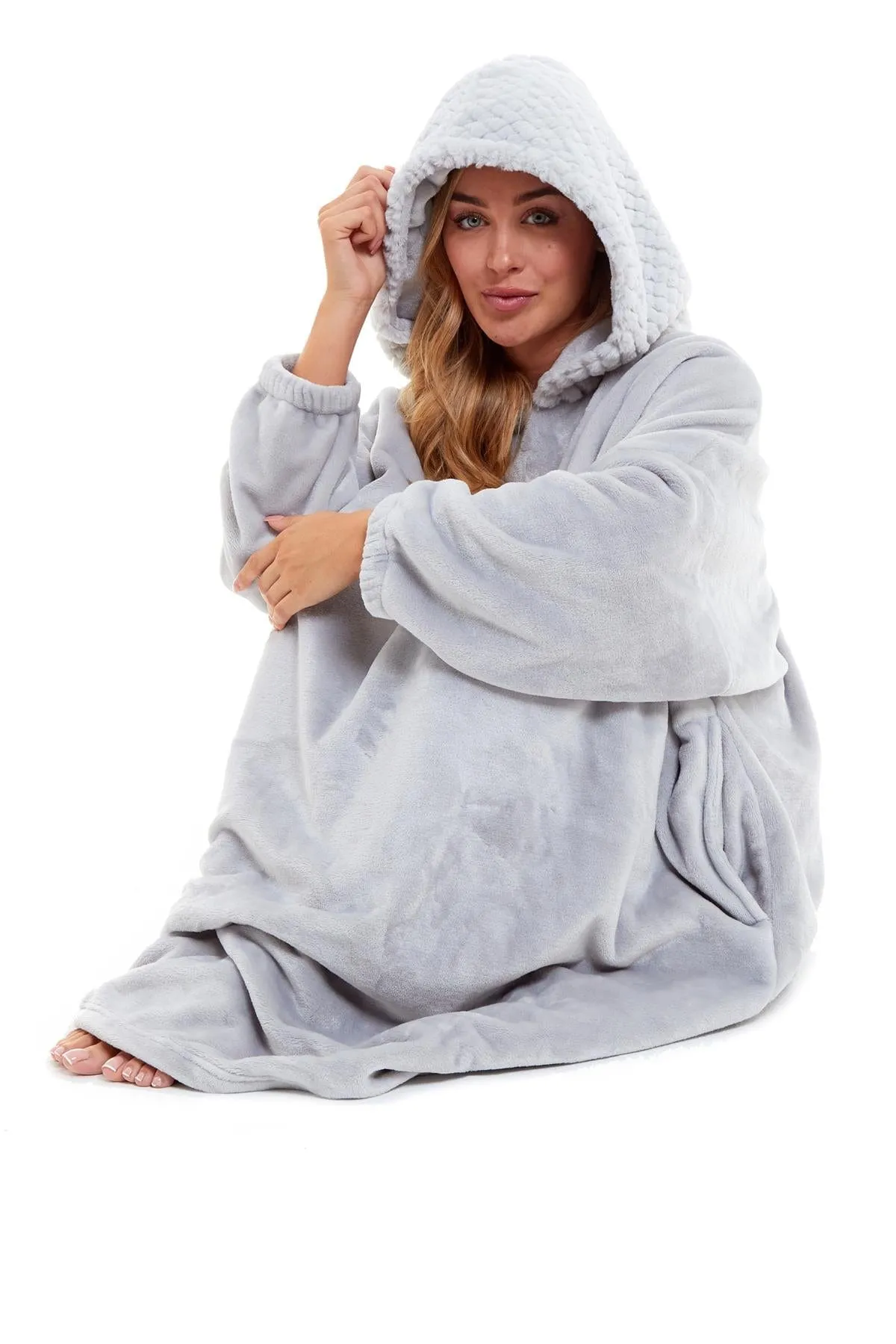 Oversized Women's Plush Hooded Poncho Blanket with Ultra-Soft Fur Hood and Double Pocket in Pink and Grey by Daisy Dreamer