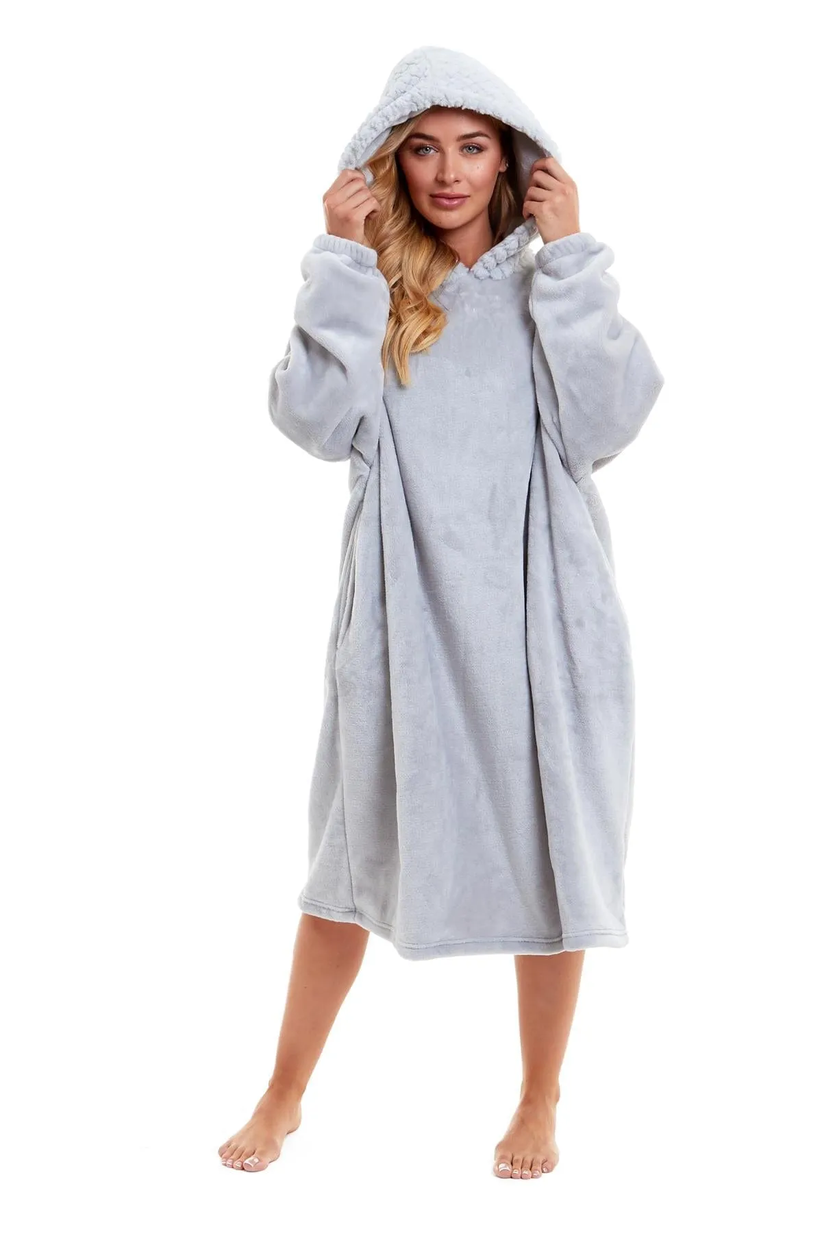 Oversized Women's Plush Hooded Poncho Blanket with Ultra-Soft Fur Hood and Double Pocket in Pink and Grey by Daisy Dreamer