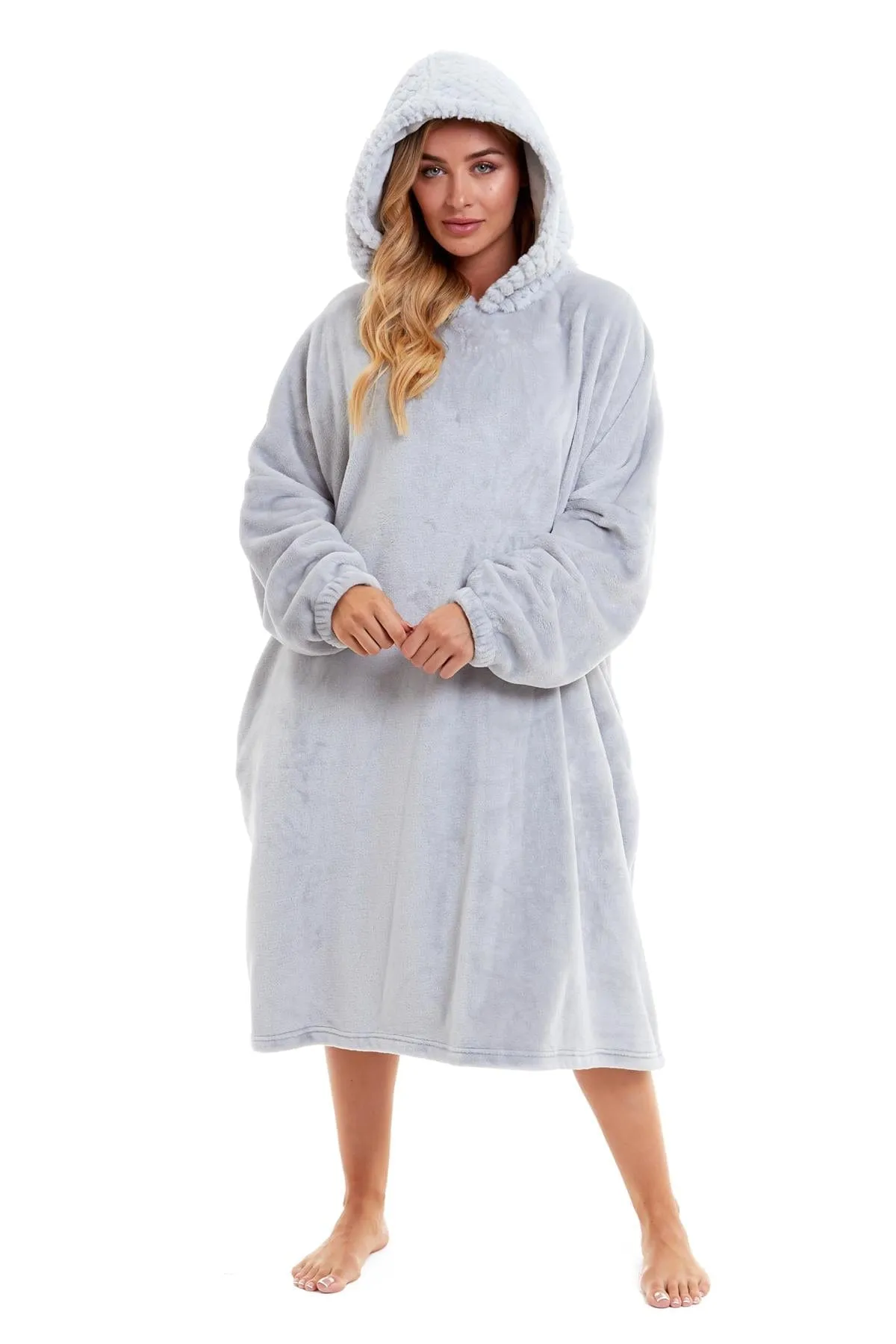 Oversized Women's Plush Hooded Poncho Blanket with Ultra-Soft Fur Hood and Double Pocket in Pink and Grey by Daisy Dreamer