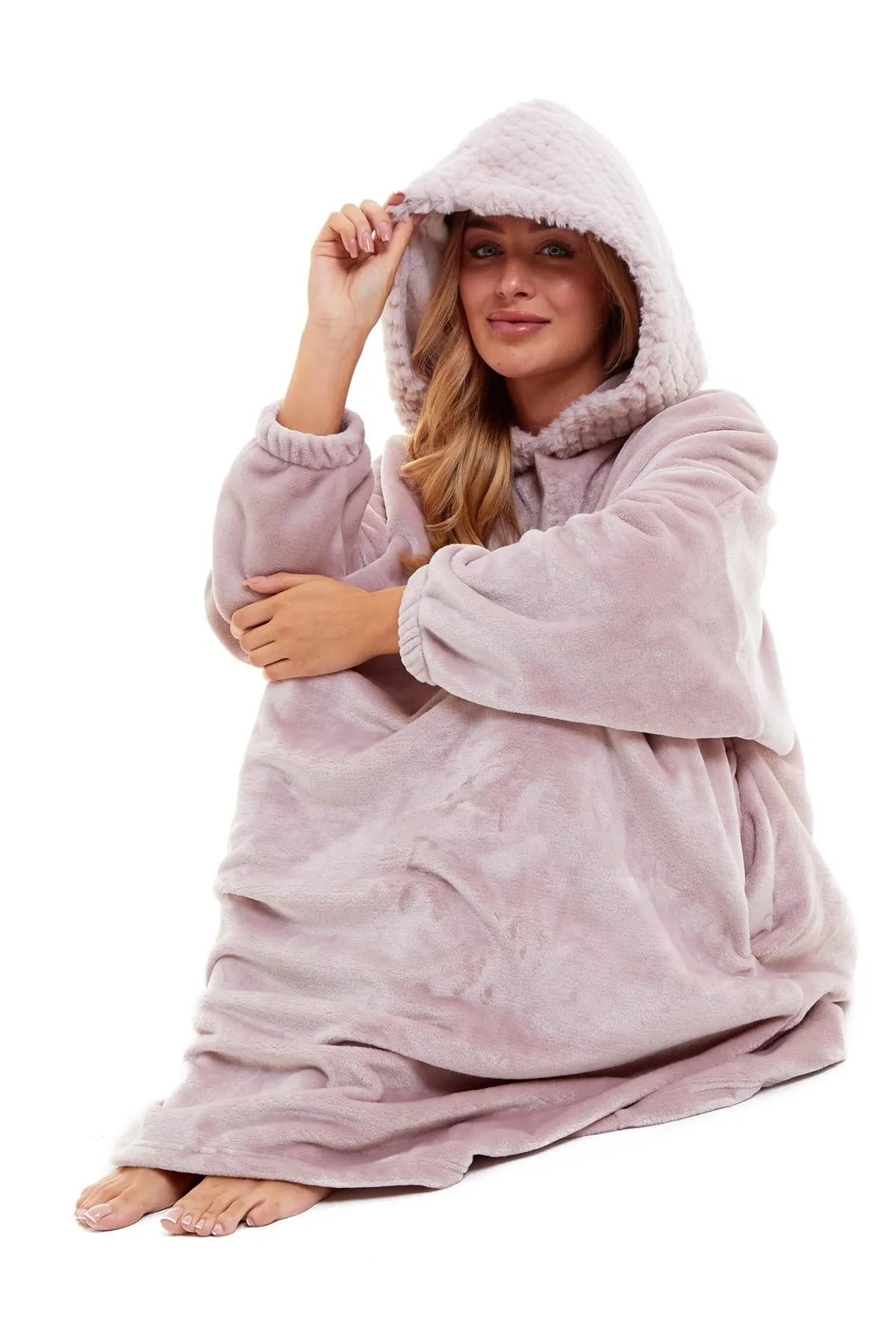 Oversized Women's Plush Hooded Poncho Blanket with Ultra-Soft Fur Hood and Double Pocket in Pink and Grey by Daisy Dreamer