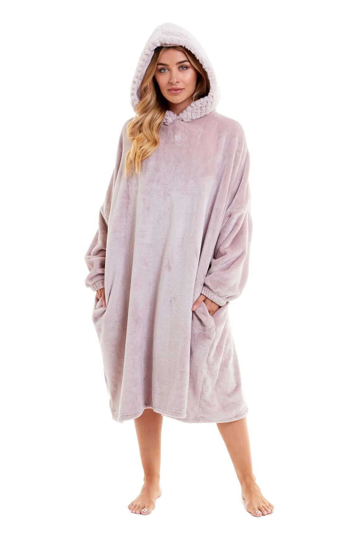 Oversized Women's Plush Hooded Poncho Blanket with Ultra-Soft Fur Hood and Double Pocket in Pink and Grey by Daisy Dreamer