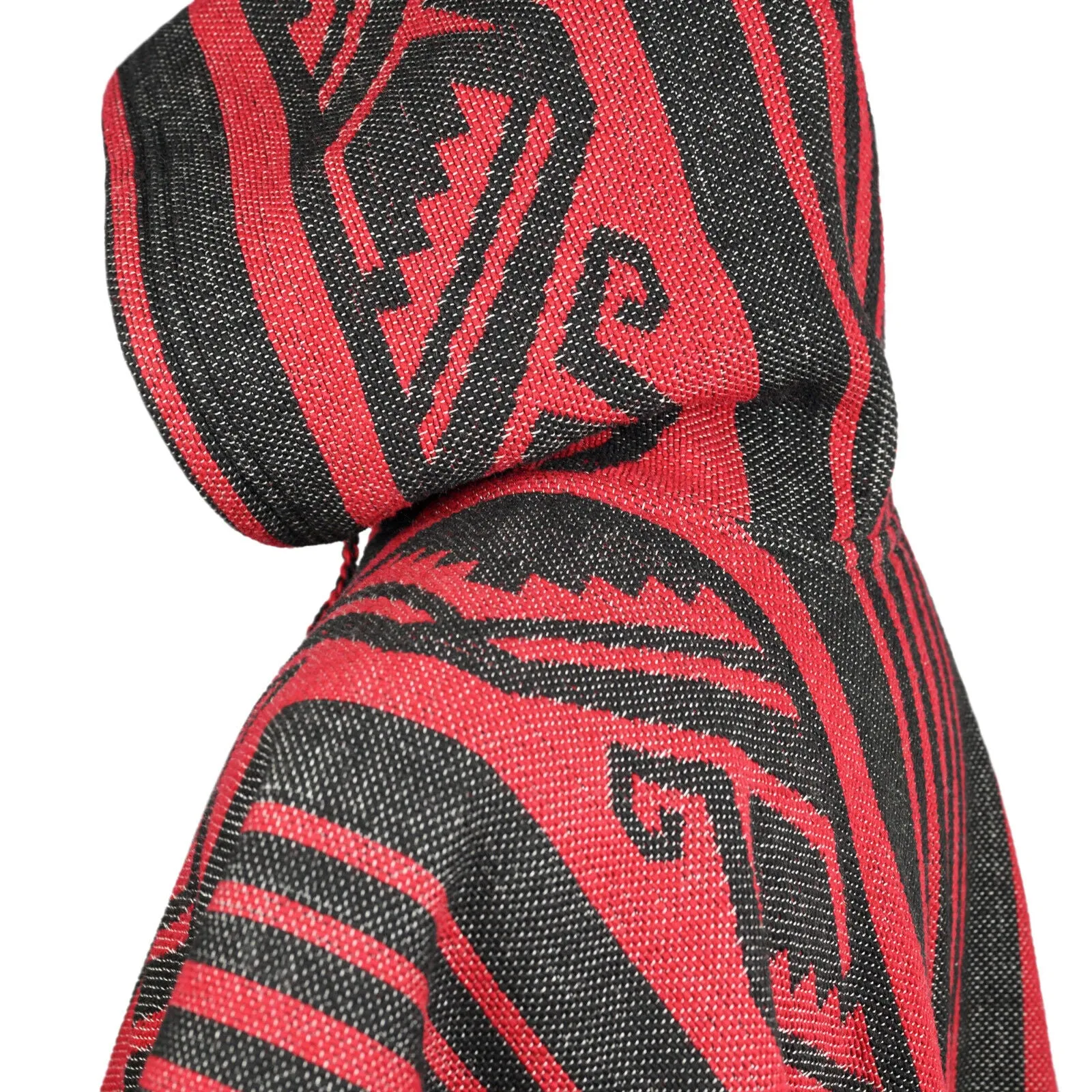 Pasochoa - Llama Wool Unisex South American Handwoven Thick Hooded Poncho - Andean pattern - black-red colours