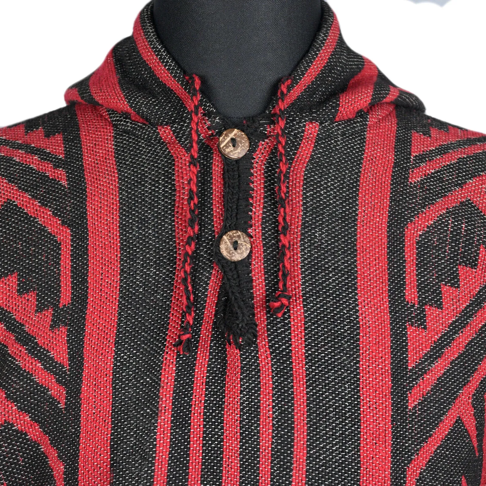 Pasochoa - Llama Wool Unisex South American Handwoven Thick Hooded Poncho - Andean pattern - black-red colours