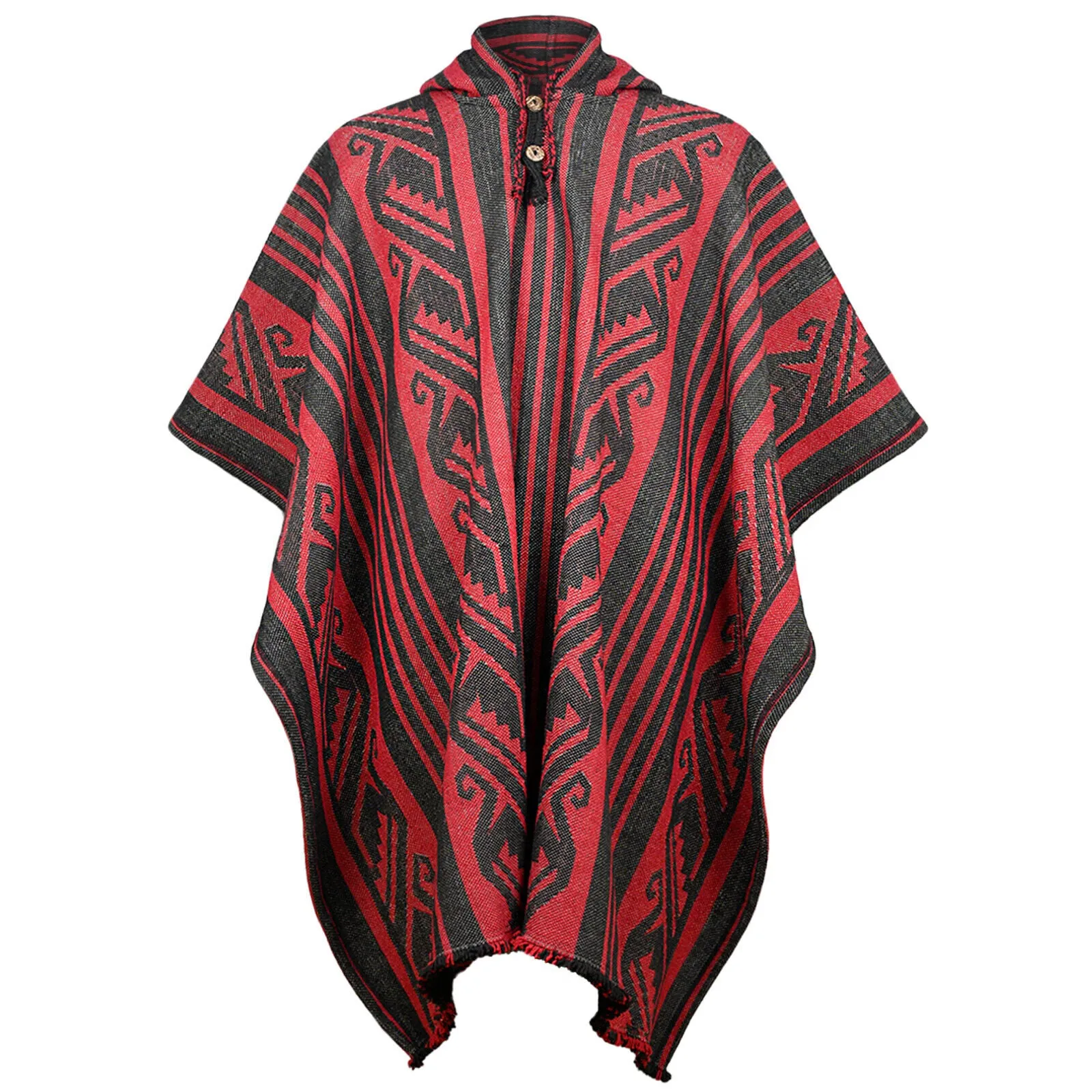 Pasochoa - Llama Wool Unisex South American Handwoven Thick Hooded Poncho - Andean pattern - black-red colours