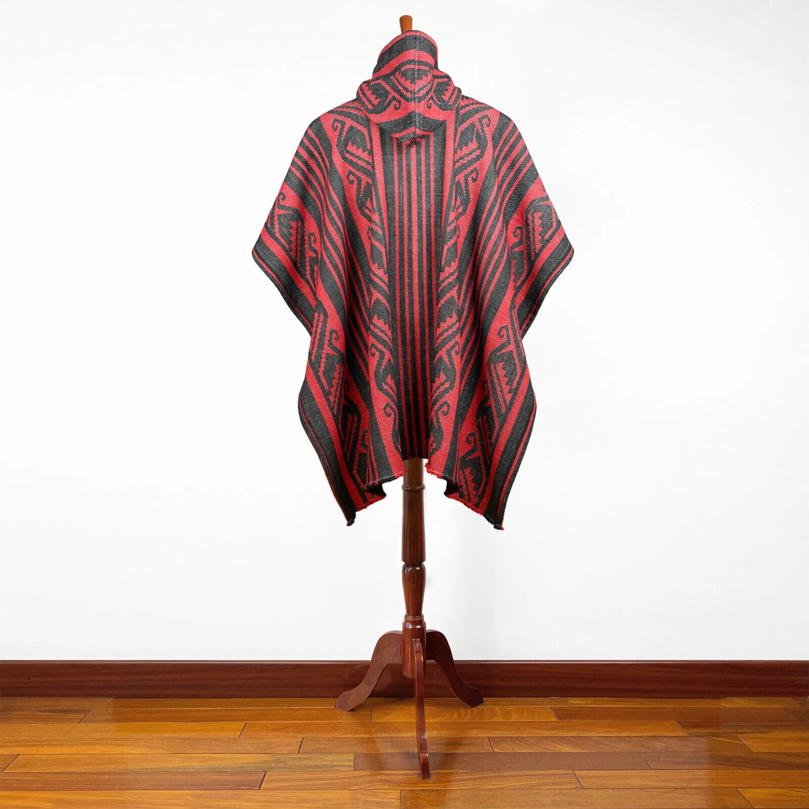 Pasochoa - Llama Wool Unisex South American Handwoven Thick Hooded Poncho - Andean pattern - black-red colours