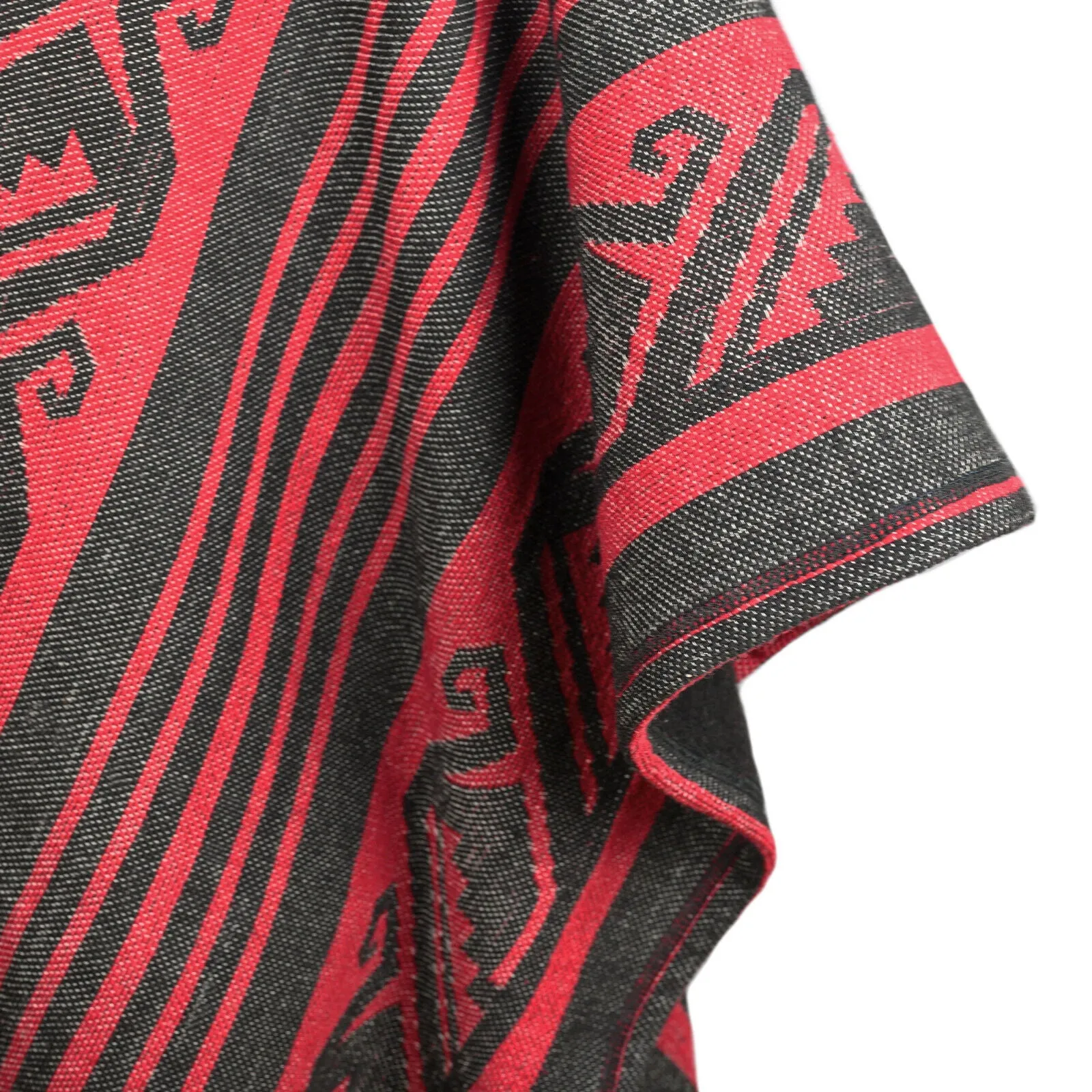 Pasochoa - Llama Wool Unisex South American Handwoven Thick Hooded Poncho - Andean pattern - black-red colours