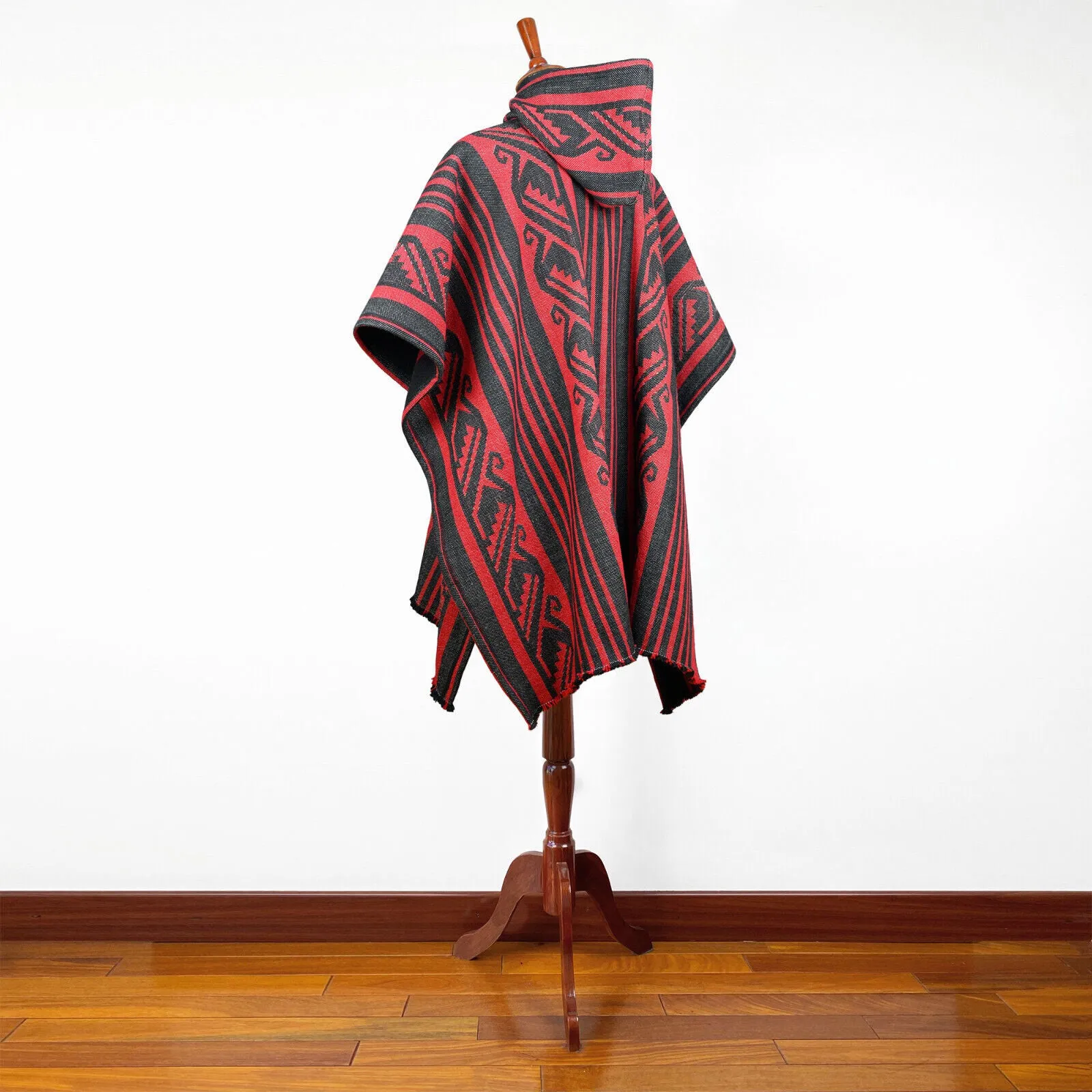 Pasochoa - Llama Wool Unisex South American Handwoven Thick Hooded Poncho - Andean pattern - black-red colours