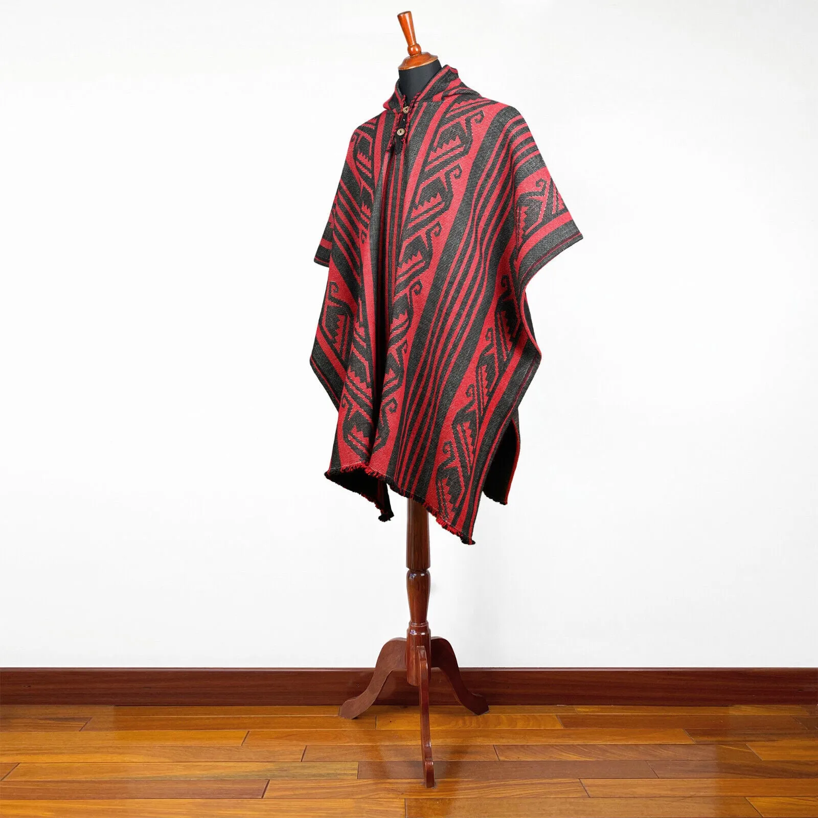 Pasochoa - Llama Wool Unisex South American Handwoven Thick Hooded Poncho - Andean pattern - black-red colours