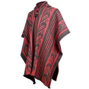 Pasochoa - Llama Wool Unisex South American Handwoven Thick Hooded Poncho - Andean pattern - black-red colours