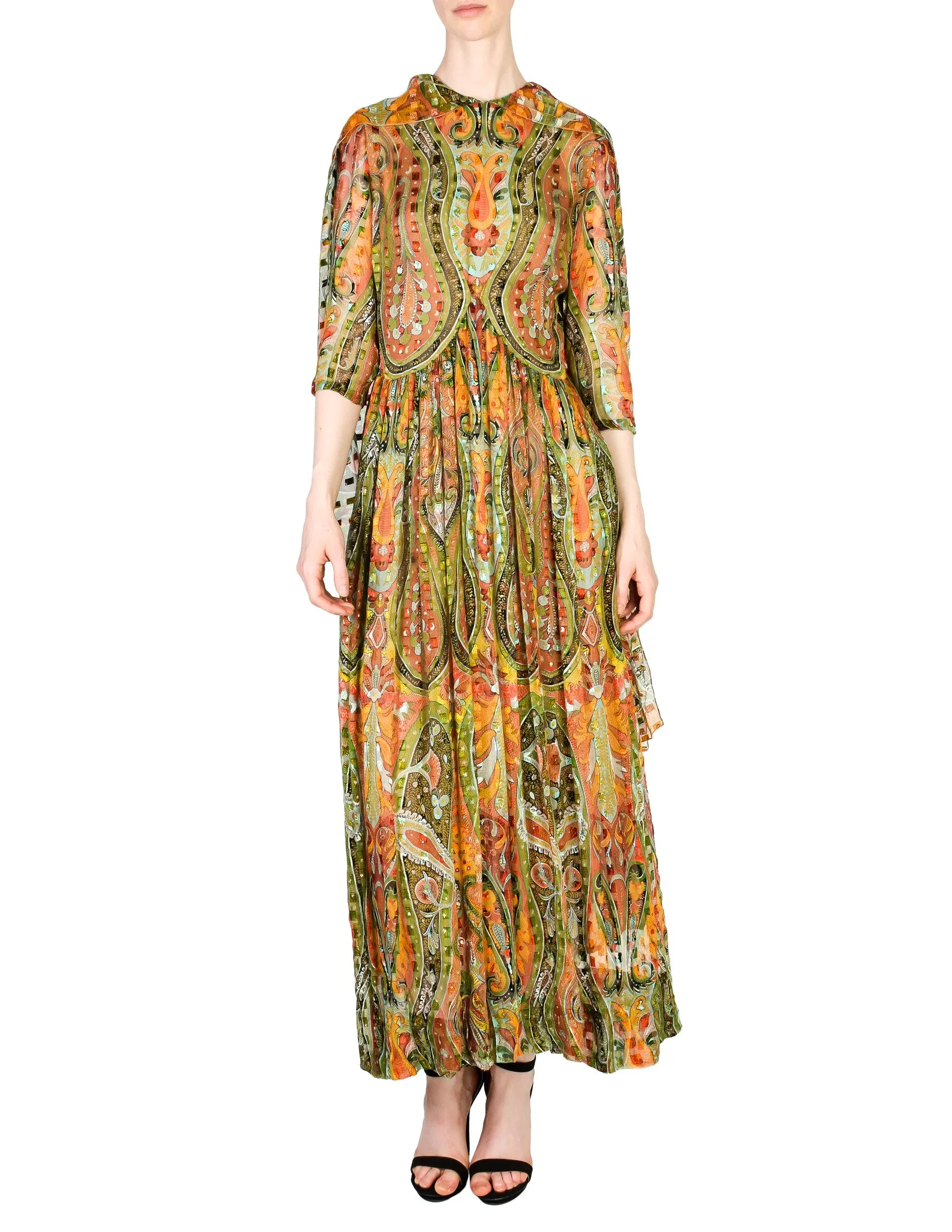 Pauline Trigere Vintage Sheer Patterned Silk Chiffon Jacquard Dress