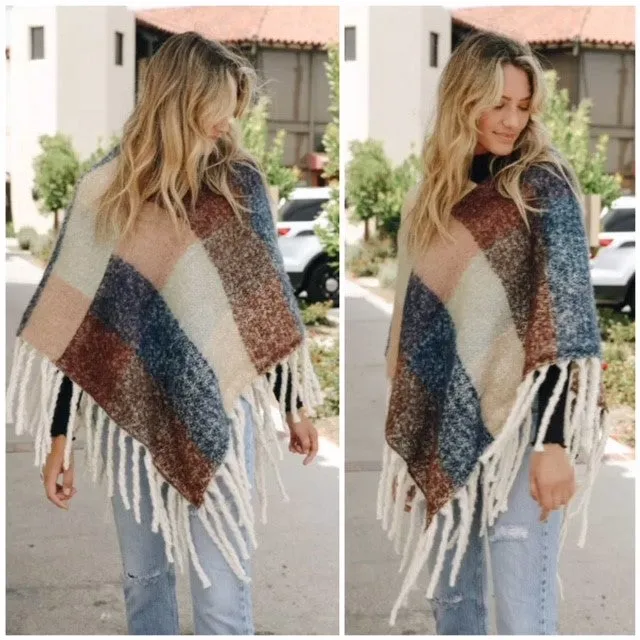 Peach Blue Colorblock Tassel Fringe Poncho Casual Womens