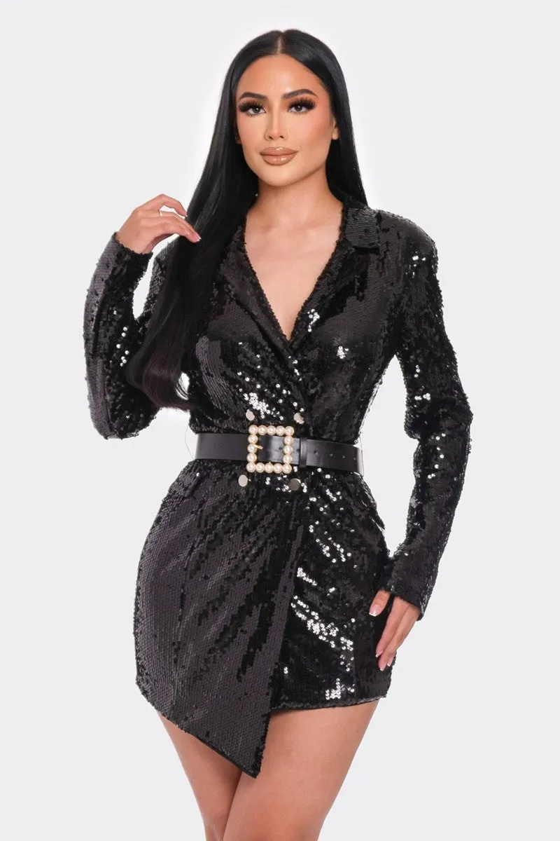 Pearl Belted Sequin Blazer Mini Party Dress - 2 colors