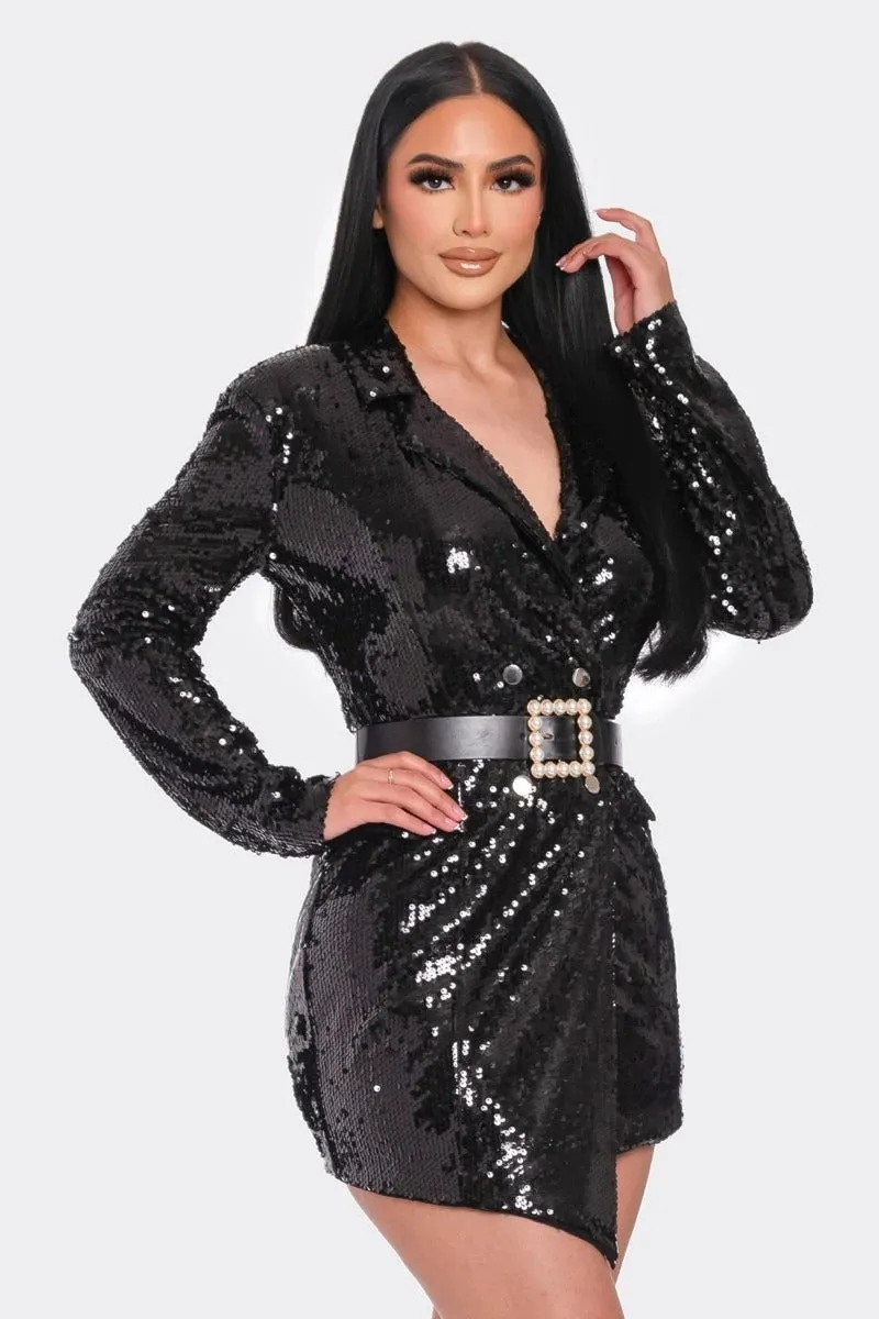 Pearl Belted Sequin Blazer Mini Party Dress - 2 colors