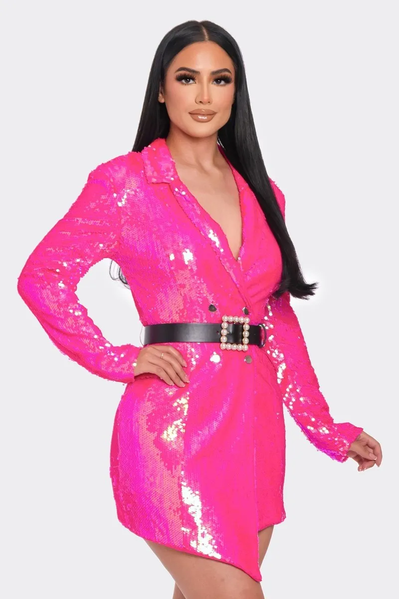 Pearl Belted Sequin Blazer Mini Party Dress - 2 colors