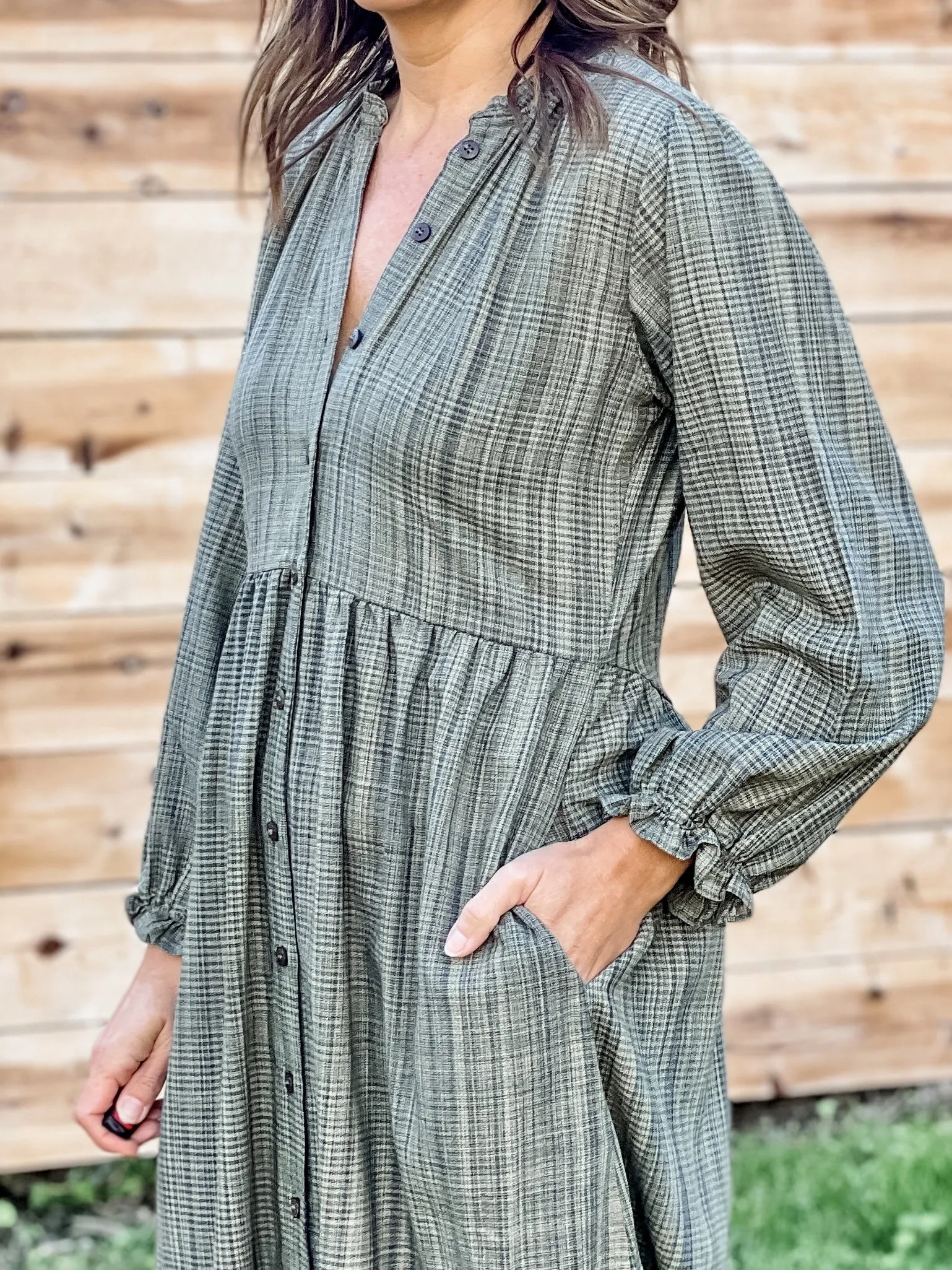 Peasant Dress - Olive Plaid