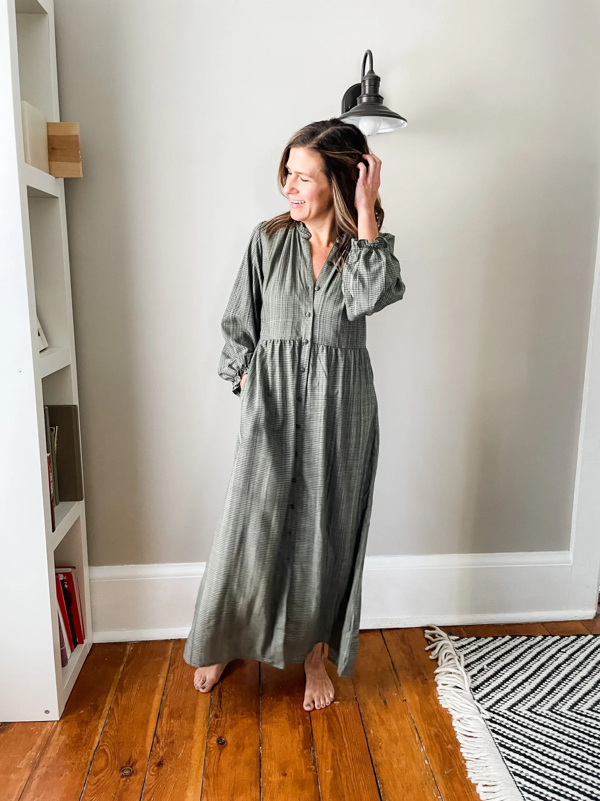 Peasant Dress - Olive Plaid