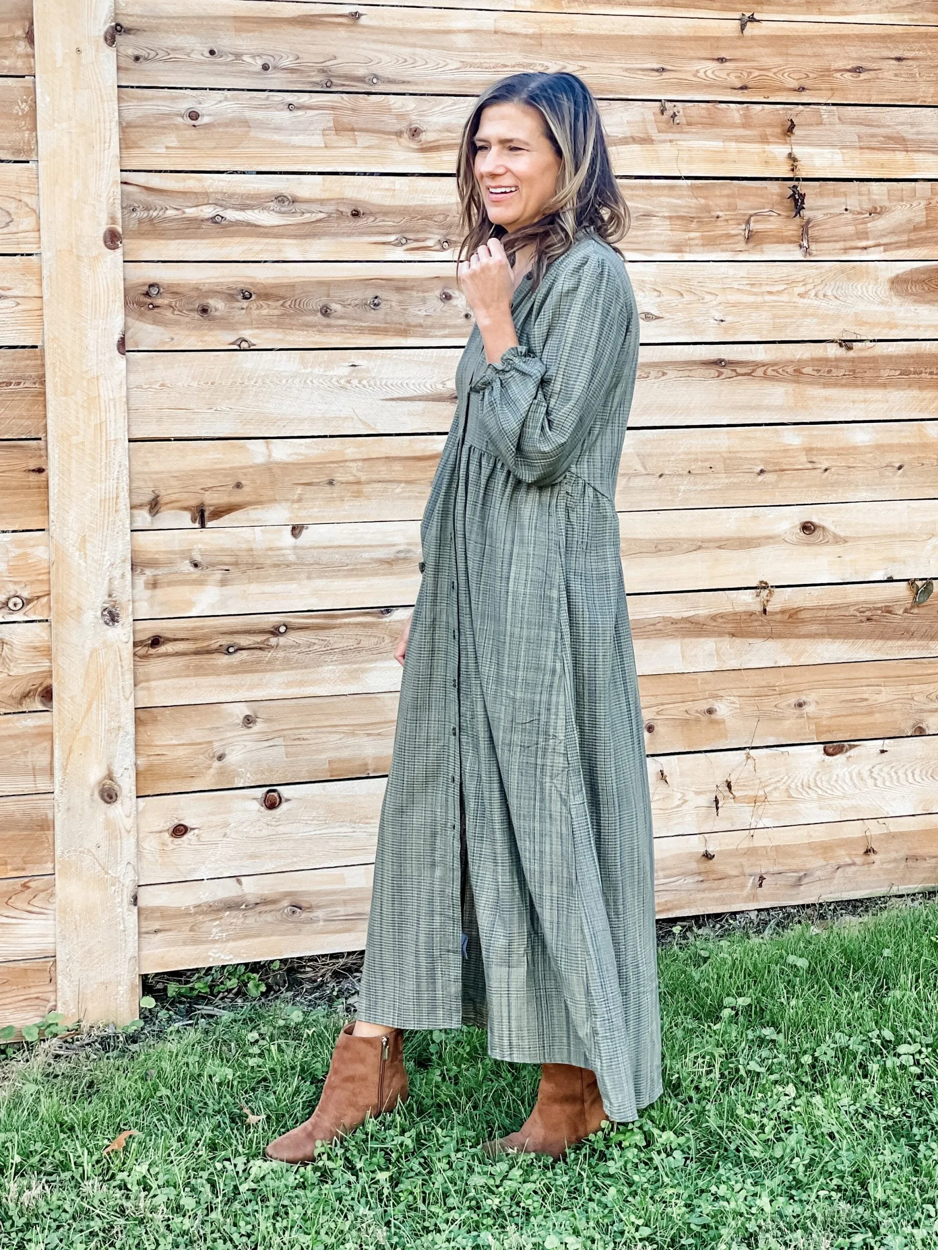 Peasant Dress - Olive Plaid