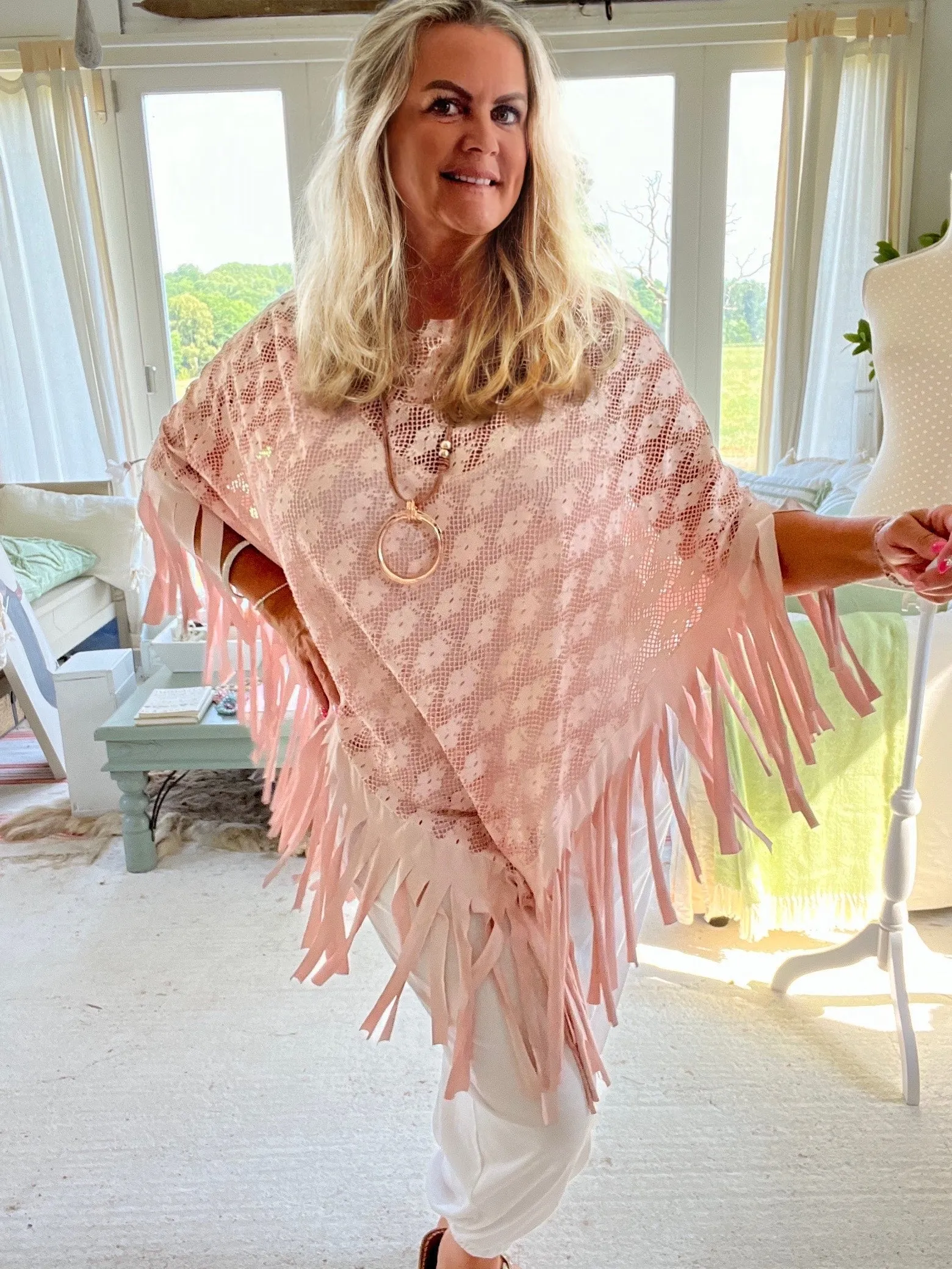 Pink Fringe Lace Poncho