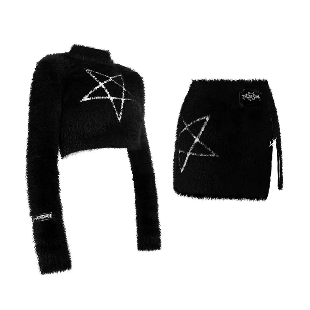 PINKSPINK Pentagram Fuzzy Crop Top and Skirt Set - Black