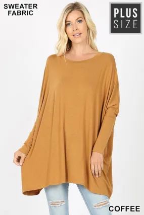 PLUS SWEATER FABRIC OVERSIZE ROUND NECK PONCHO in COFFEE