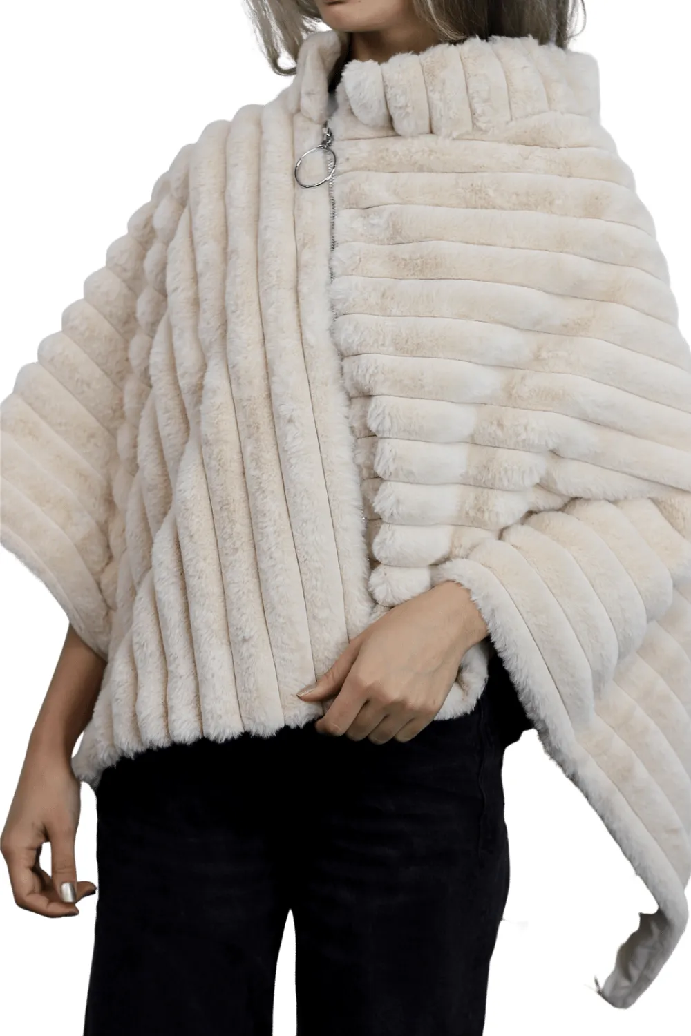 Plush Faux Poncho with Zipper Detail - Taupe