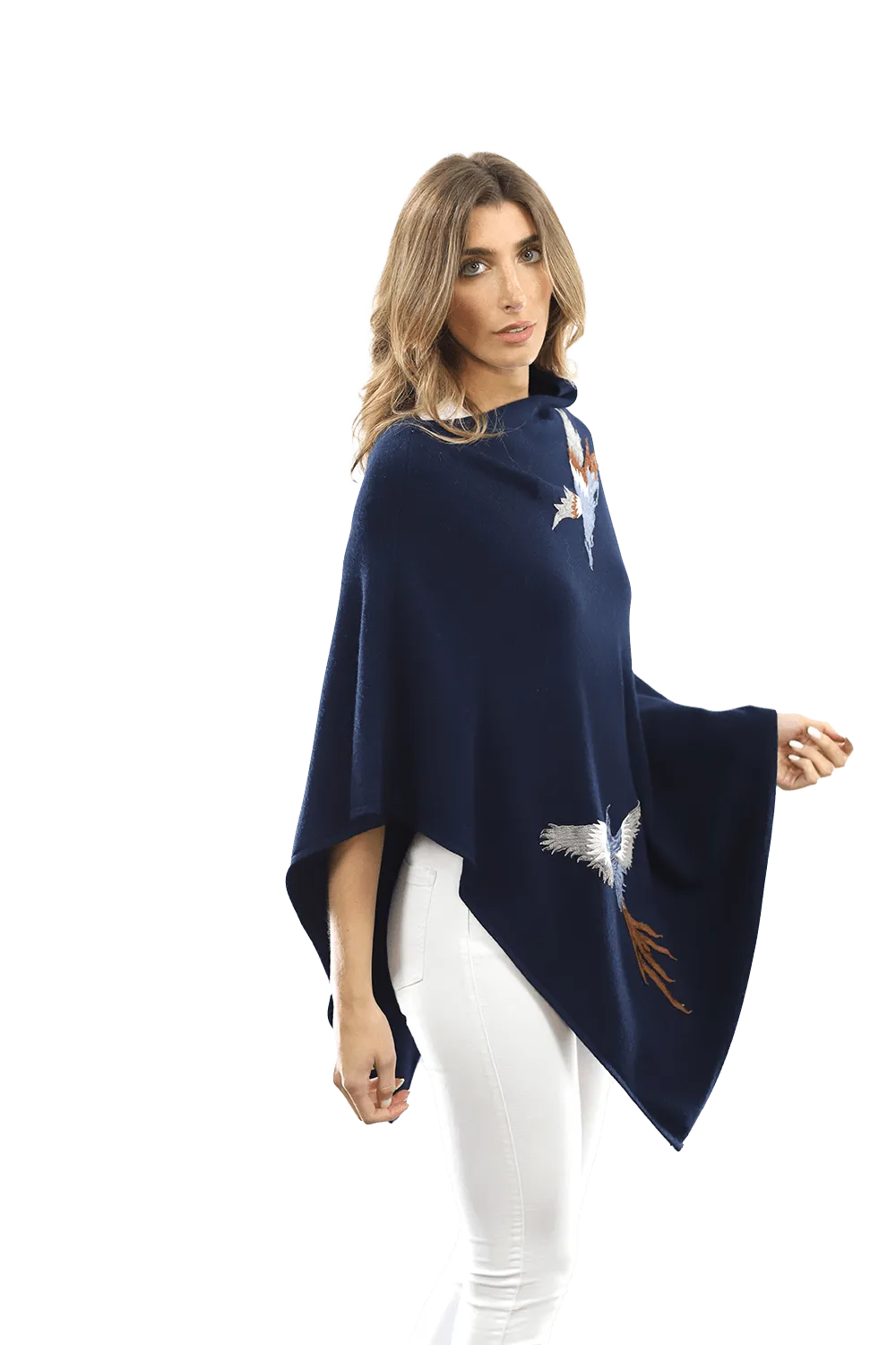 Poncho with Embroidered Phoenix - Navy