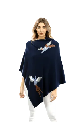 Poncho with Embroidered Phoenix - Navy