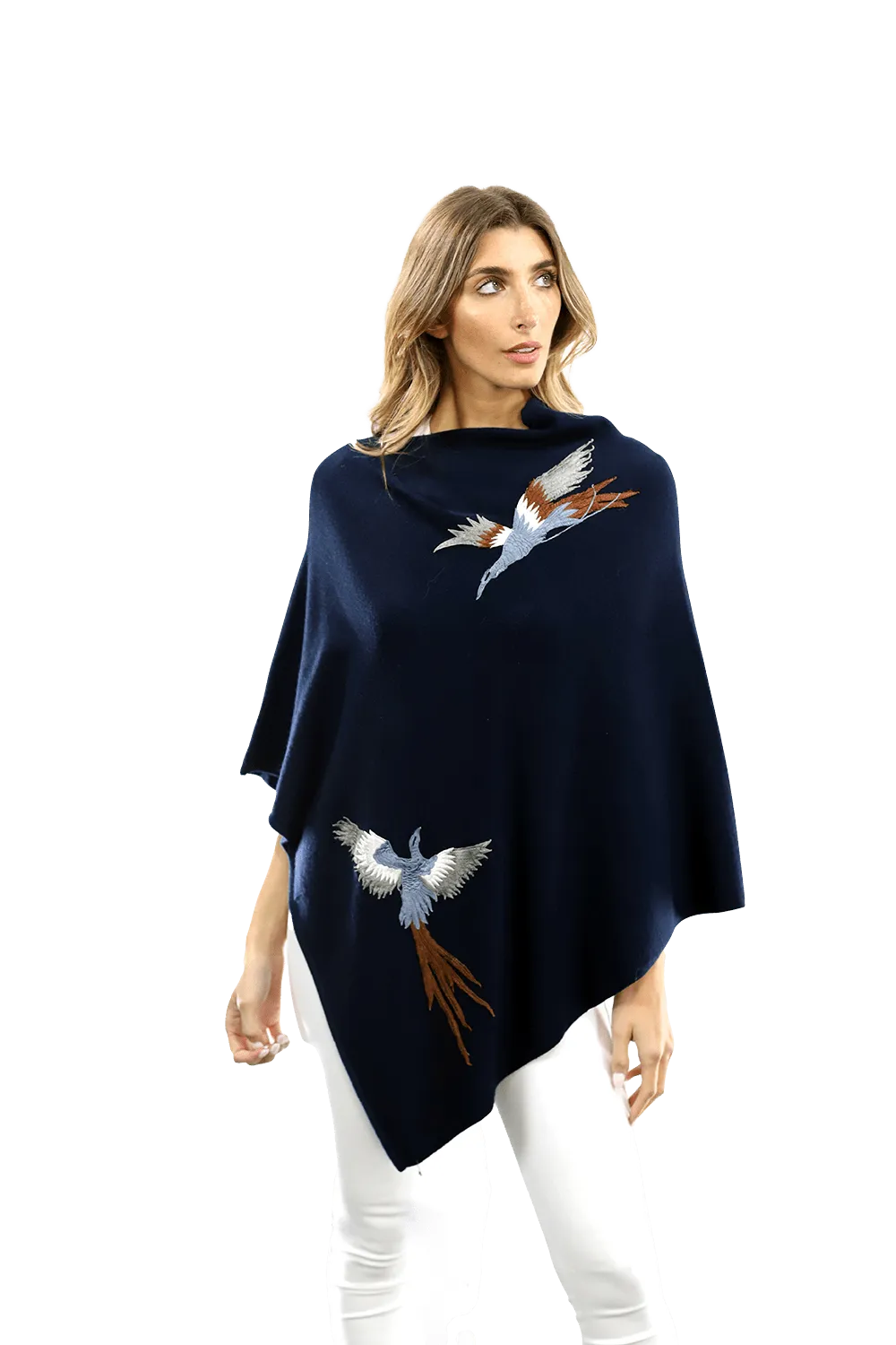 Poncho with Embroidered Phoenix - Navy