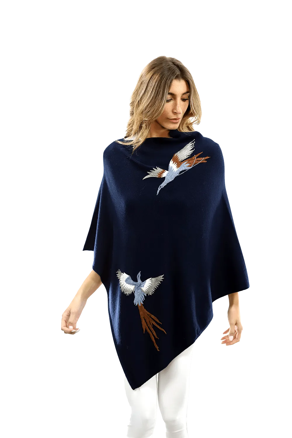 Poncho with Embroidered Phoenix - Navy