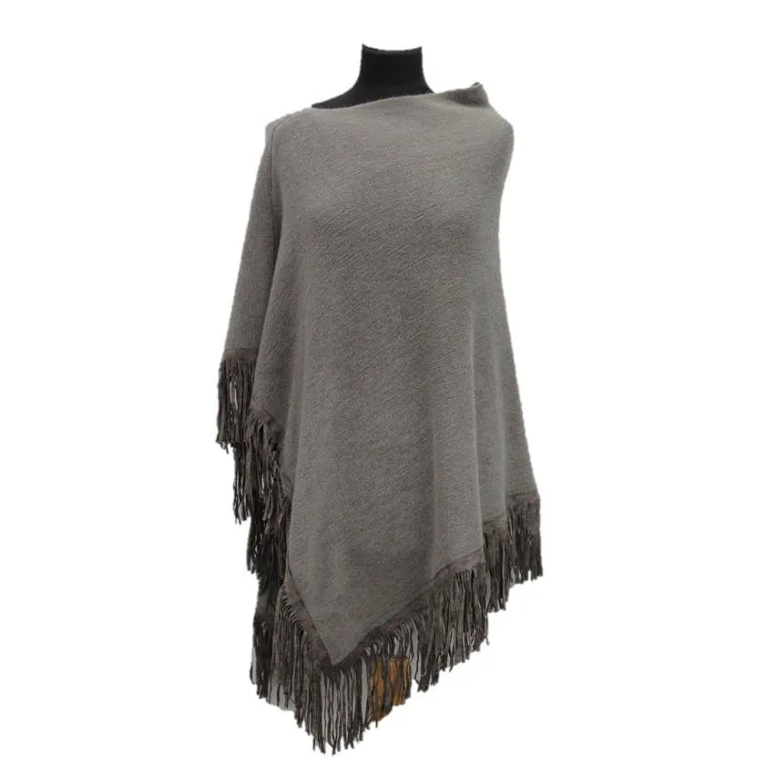 Poncho With Fringe - Grey