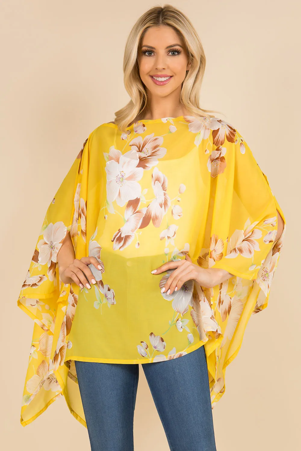 PP-3120 bright color floral poncho with open shoulder