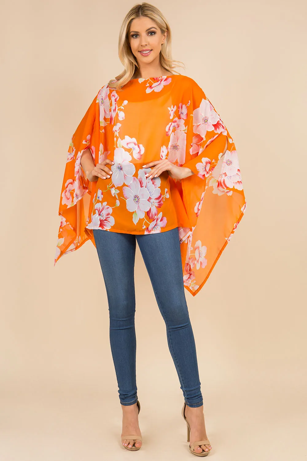 PP-3120 bright color floral poncho with open shoulder