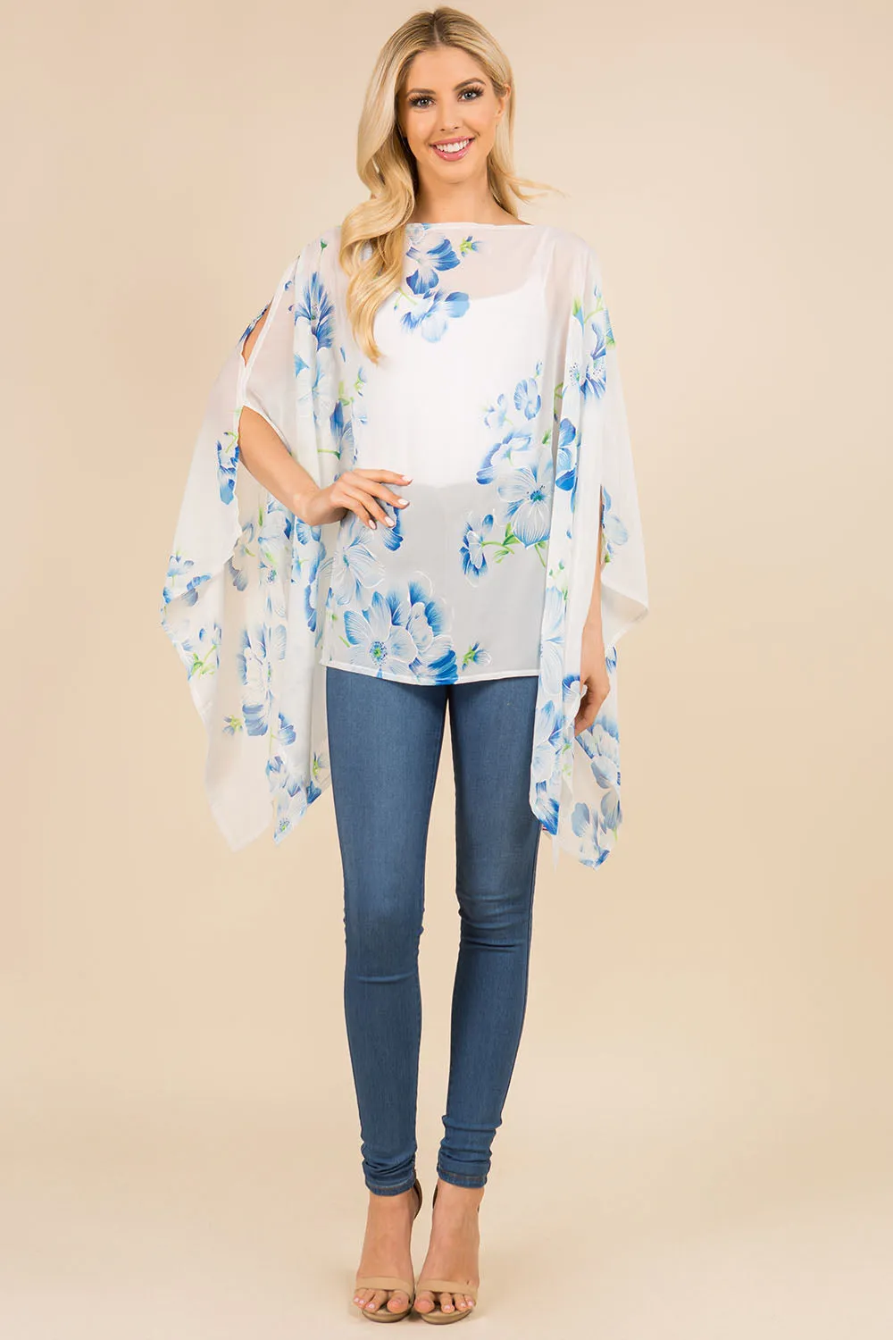 PP-3120 bright color floral poncho with open shoulder