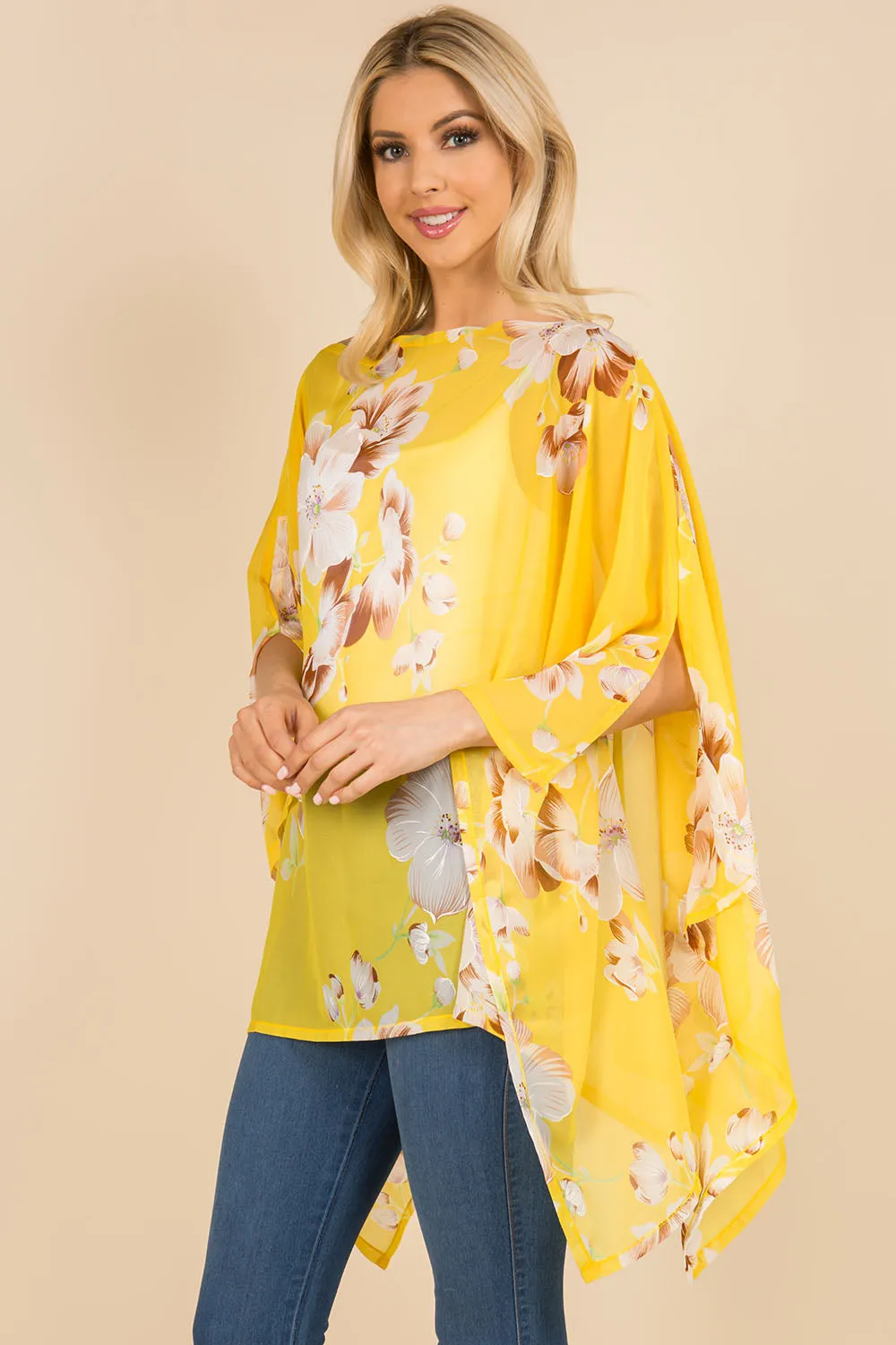 PP-3120 bright color floral poncho with open shoulder