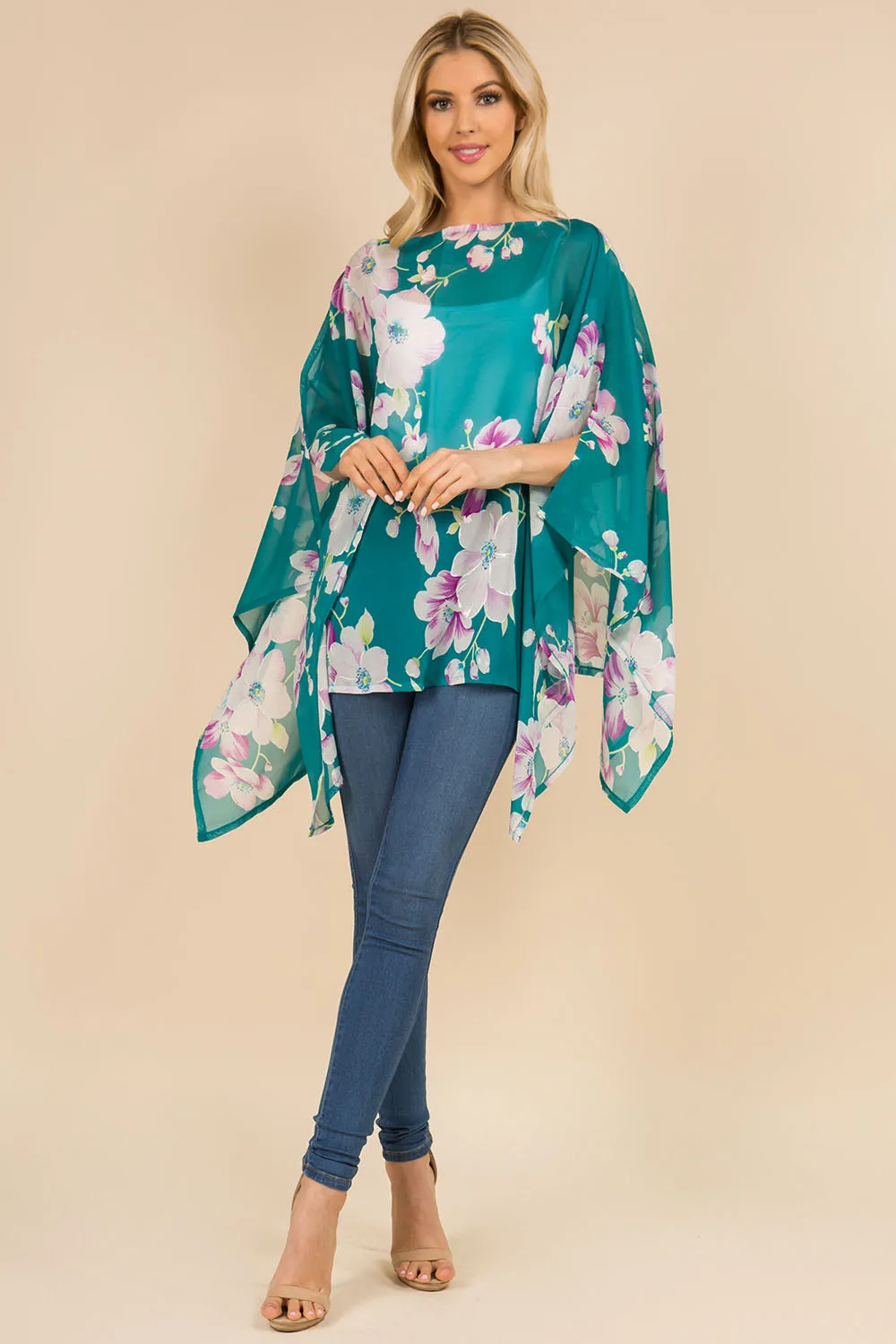 PP-3120 bright color floral poncho with open shoulder