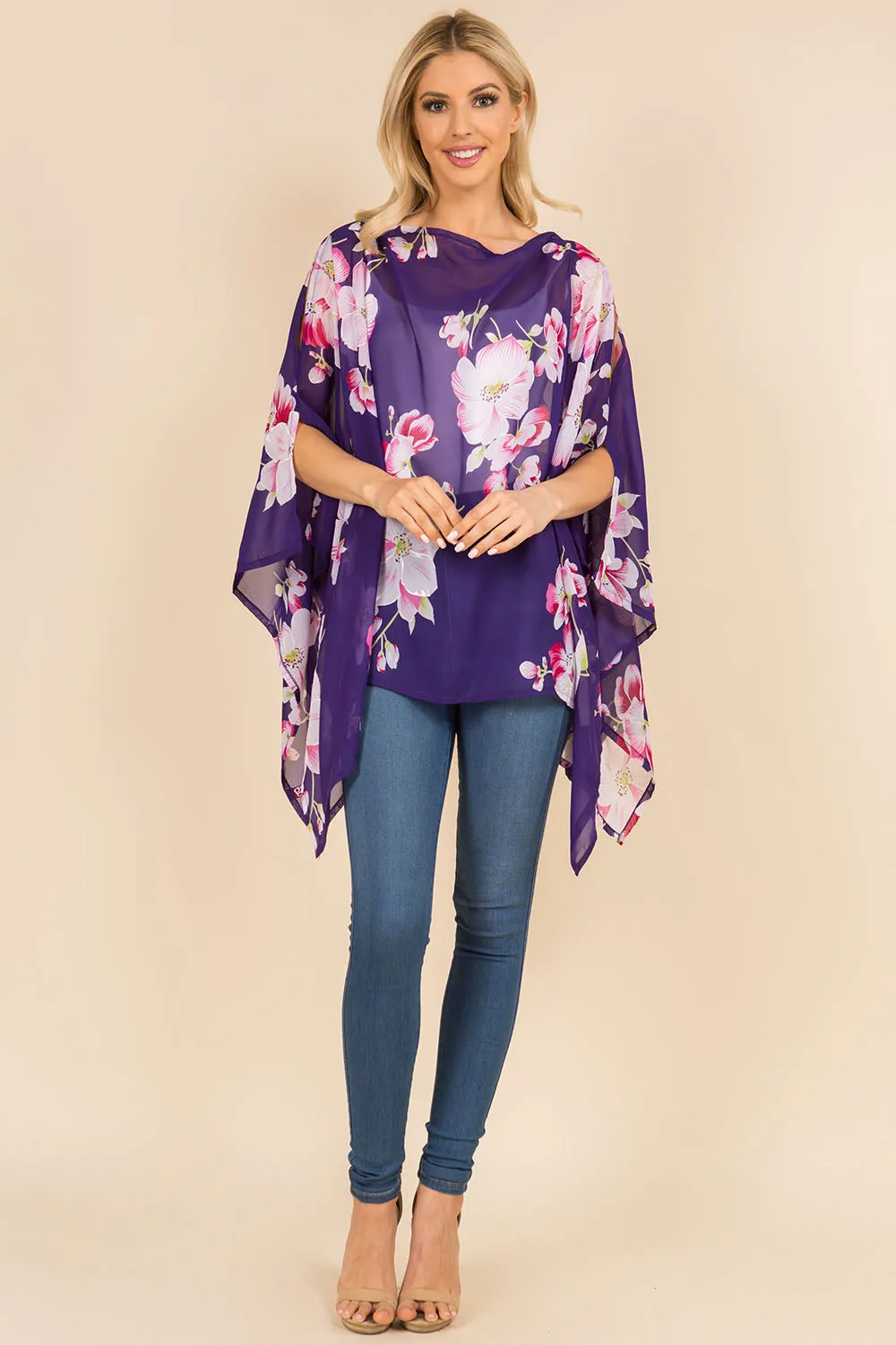 PP-3120 bright color floral poncho with open shoulder