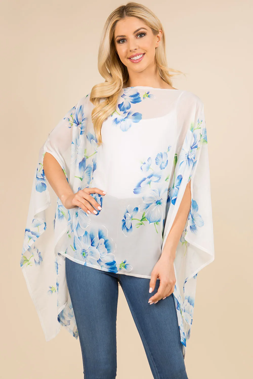 PP-3120 bright color floral poncho with open shoulder