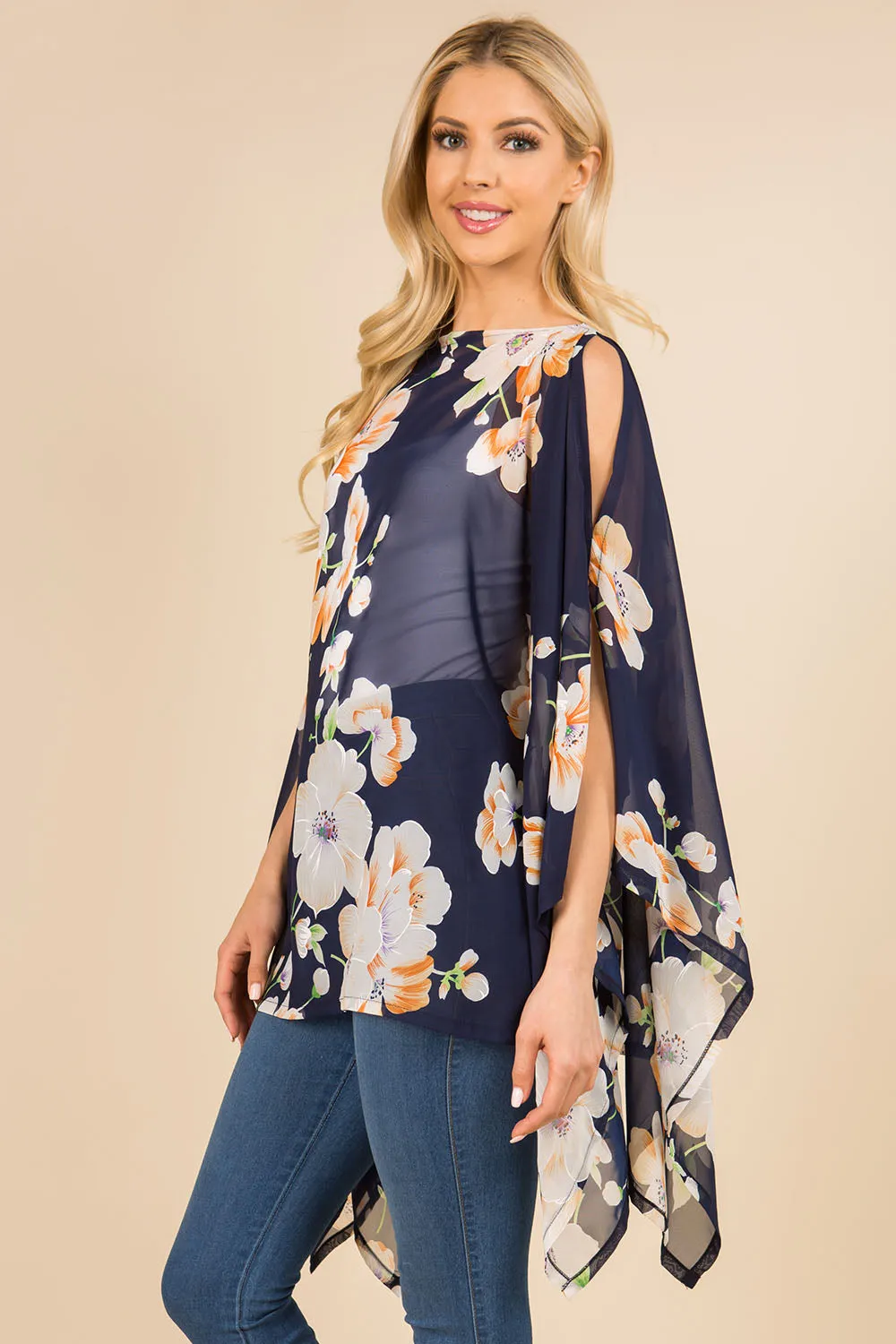 PP-3120 bright color floral poncho with open shoulder